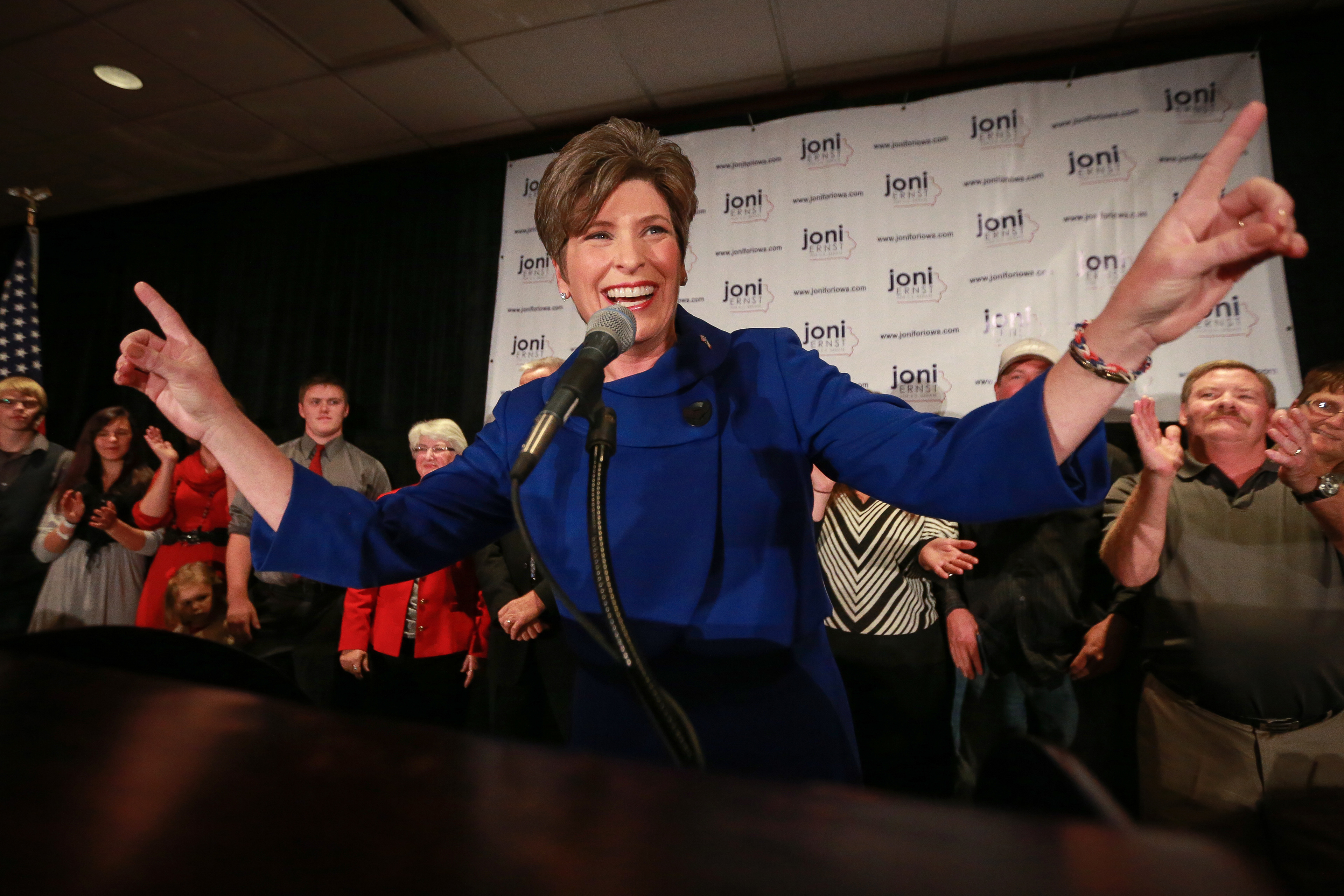 U.S. Senate-elect Joni Ernst celebrates with her supporters on Tuesday, Nov. 4, 2014, at the Marriott Hotel in West Des Moines after her win over Bruce Braley.