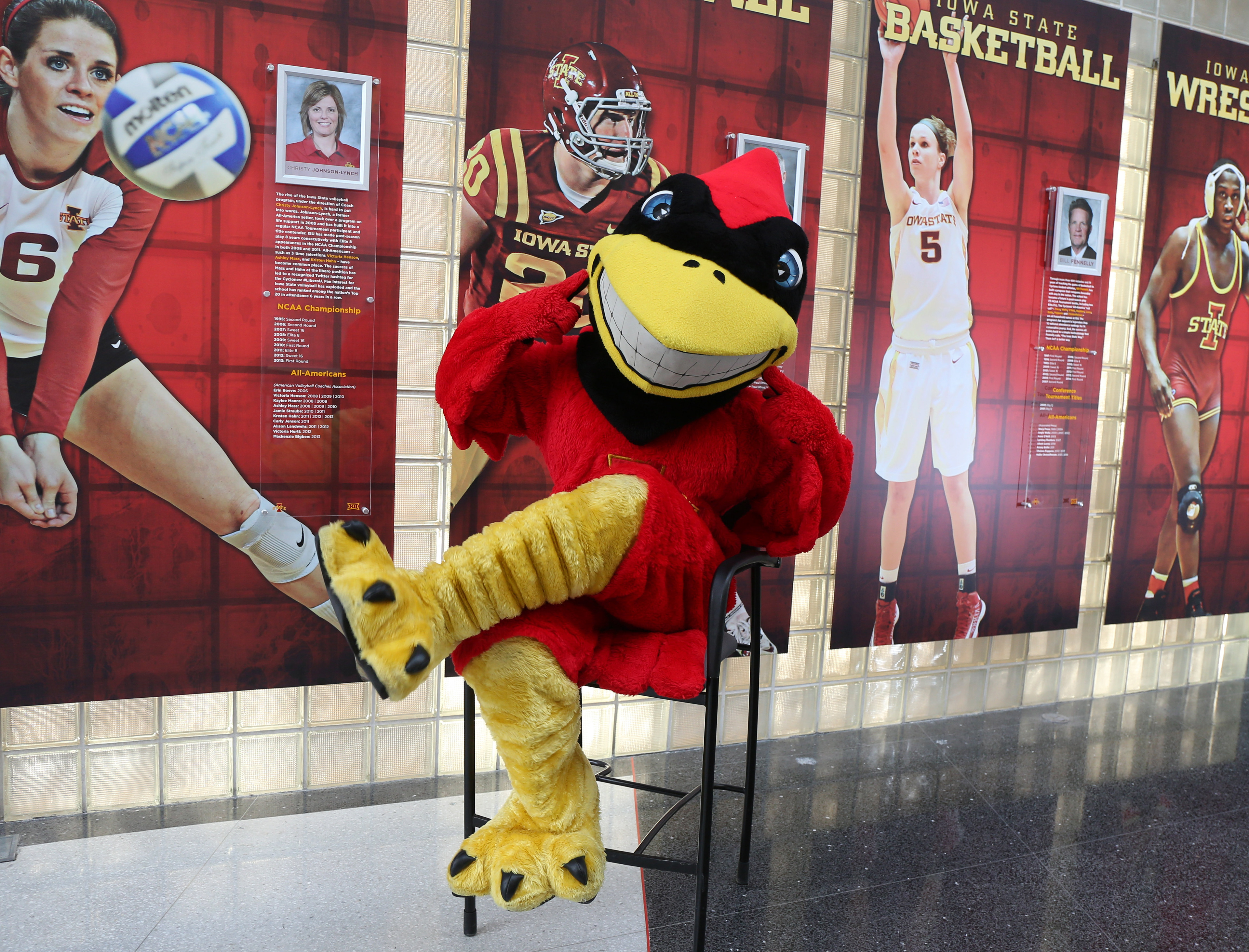 Cy, the mascot for Iowa State University, is ready for the NCAA basketball tournament selection.