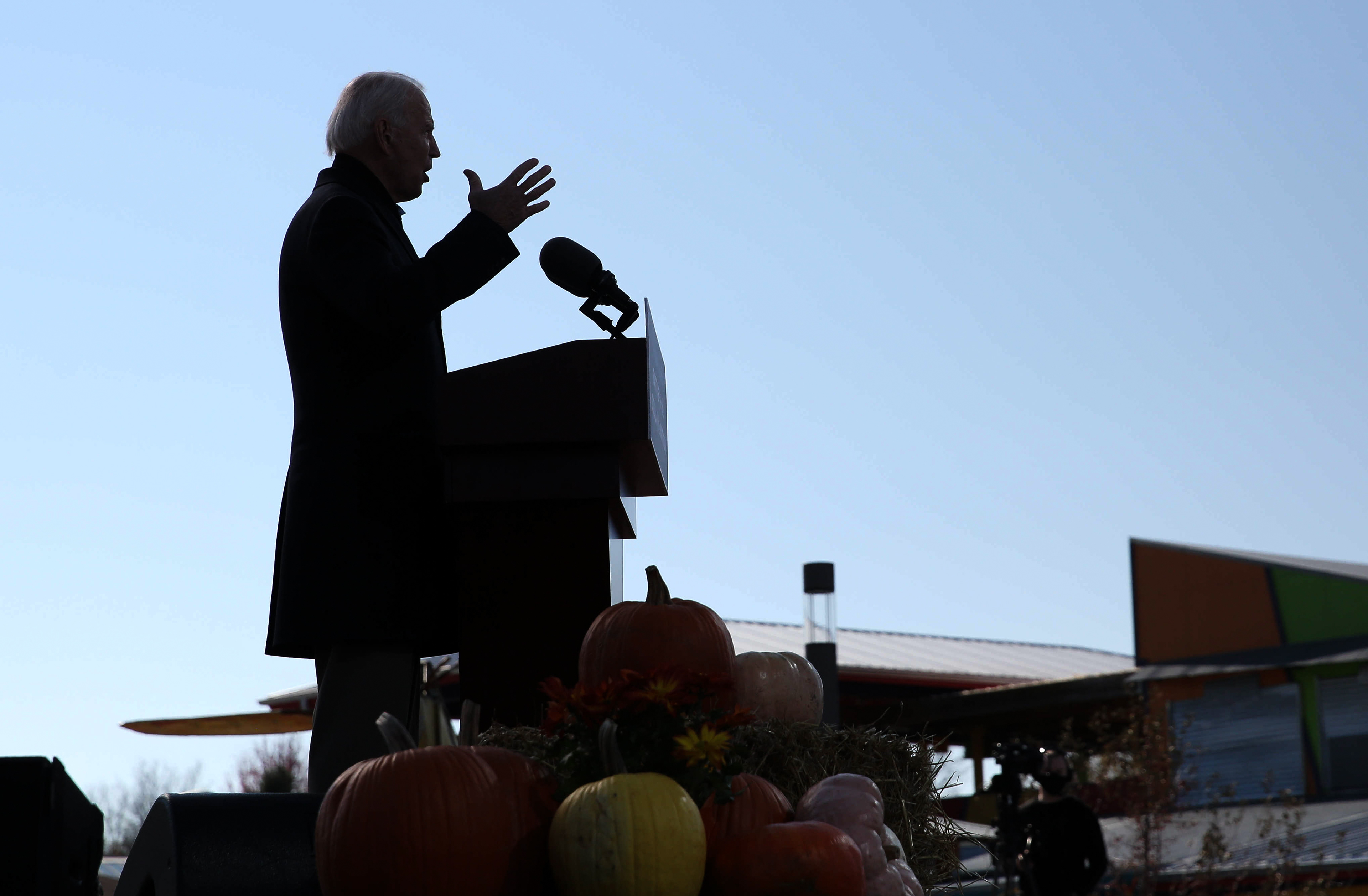 Democratic presidential candidate Joe Biden speaks to supporters at the Iowa State Fairgrounds in Des Moines on Saturday, Oct. 30, 2020.