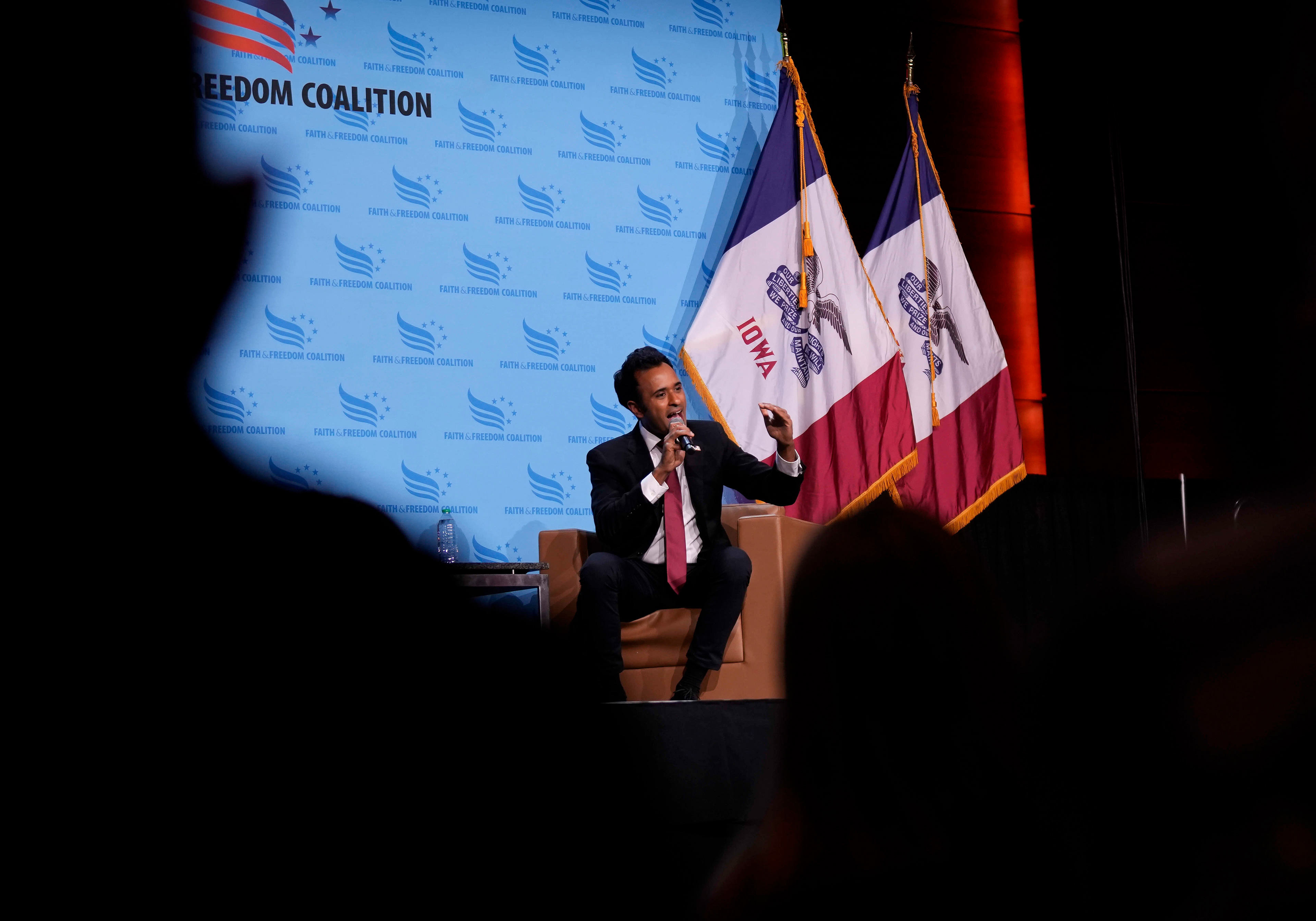Republican presidential candidate businessman Vivek Ramaswamy speaks at the Iowa Faith & Freedom Coalition’s fall banquet, Saturday, Sept. 16, 2023, in Des Moines, Iowa. (AP Photo/Bryon Houlgrave)
