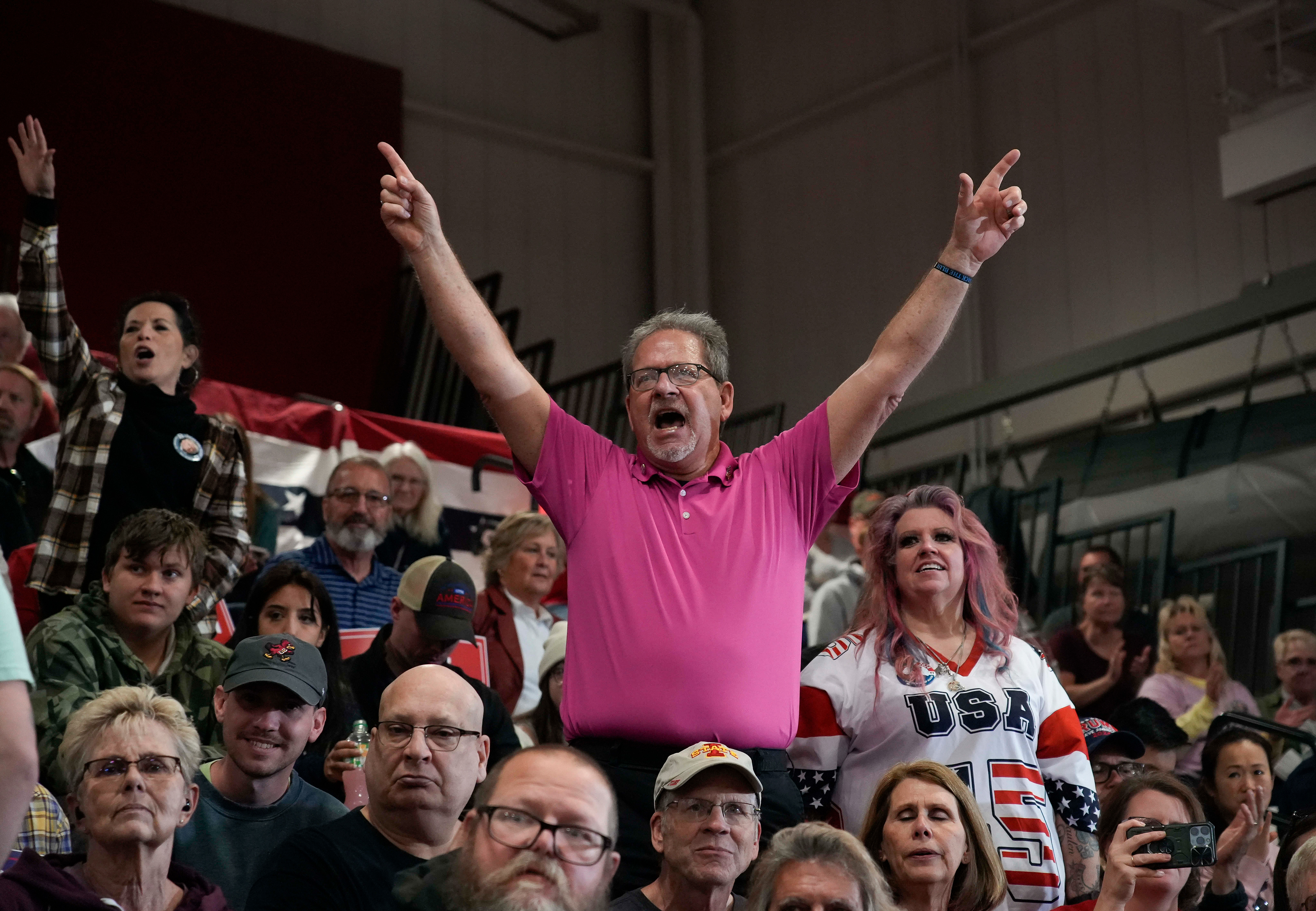Gaylord Victora of Ames, Iowa, cheers before Republican presidential candidate and former president Donald Trump spoke during a rally Saturday, Nov. 18, 2023, in Fort Dodge, Iowa. (AP Photo/Bryon Houlgrave)