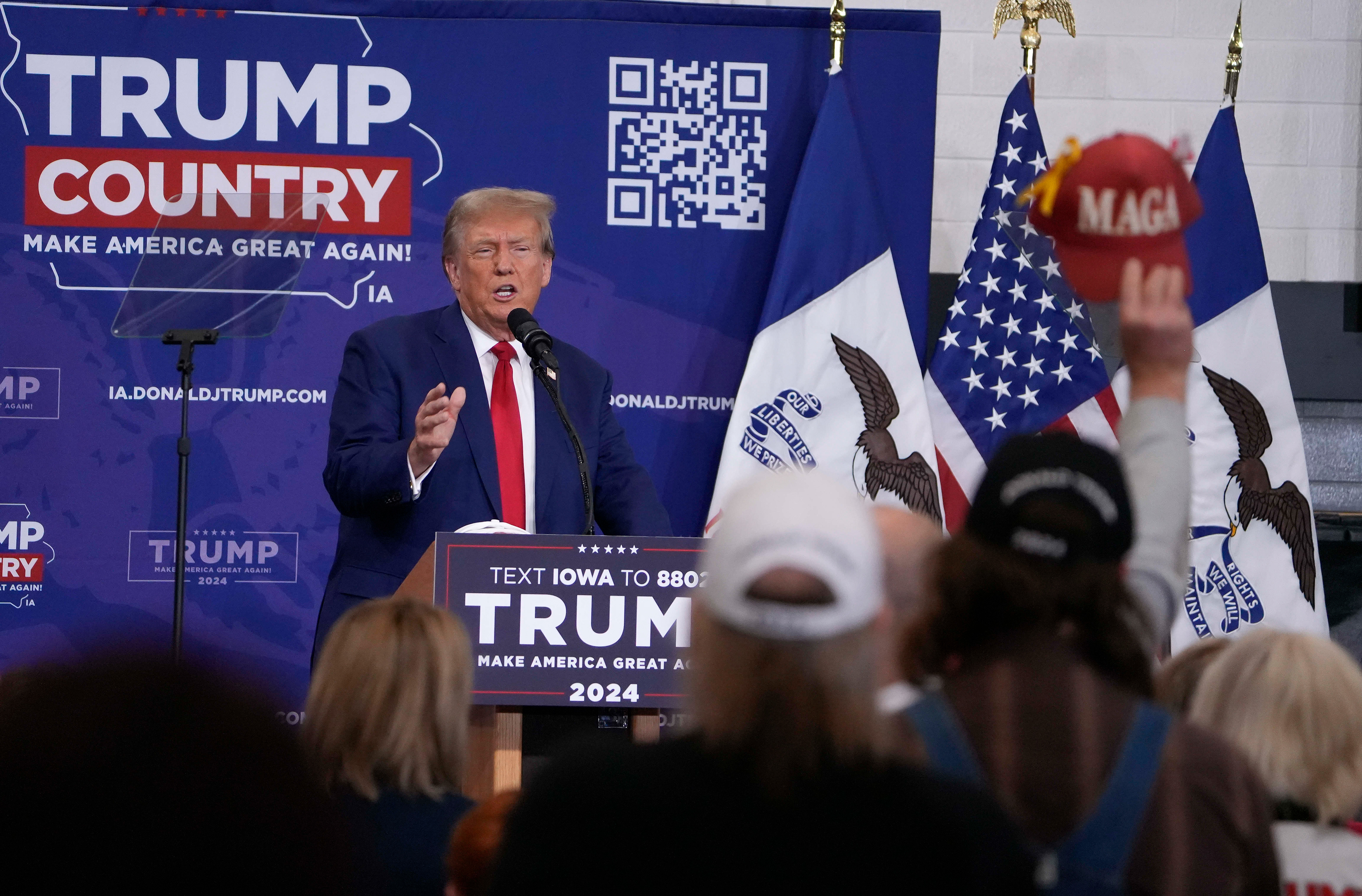 Republican presidential candidate and former President Donald Trump speaks during a rally Saturday, Nov. 18, 2023, in Fort Dodge, Iowa. (AP Photo/Bryon Houlgrave)