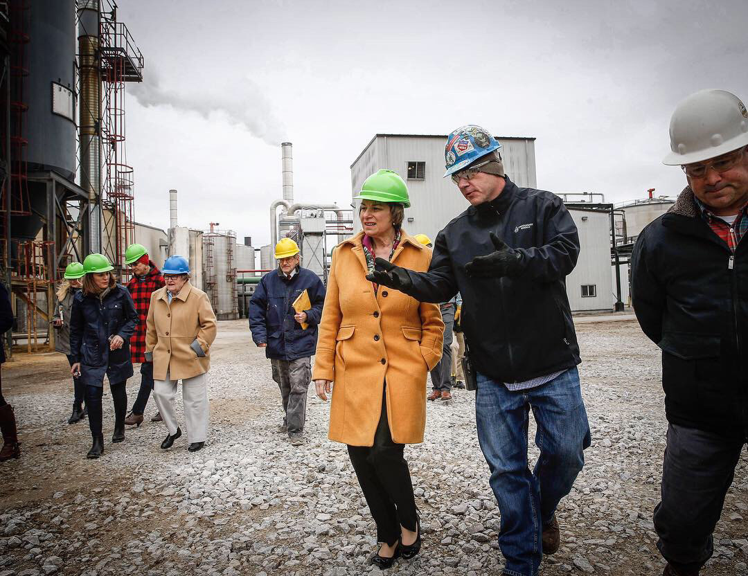 Democratic presidential candidate hopeful Amy Klobuchar tours an ag facility in Nevada, Iowa.  