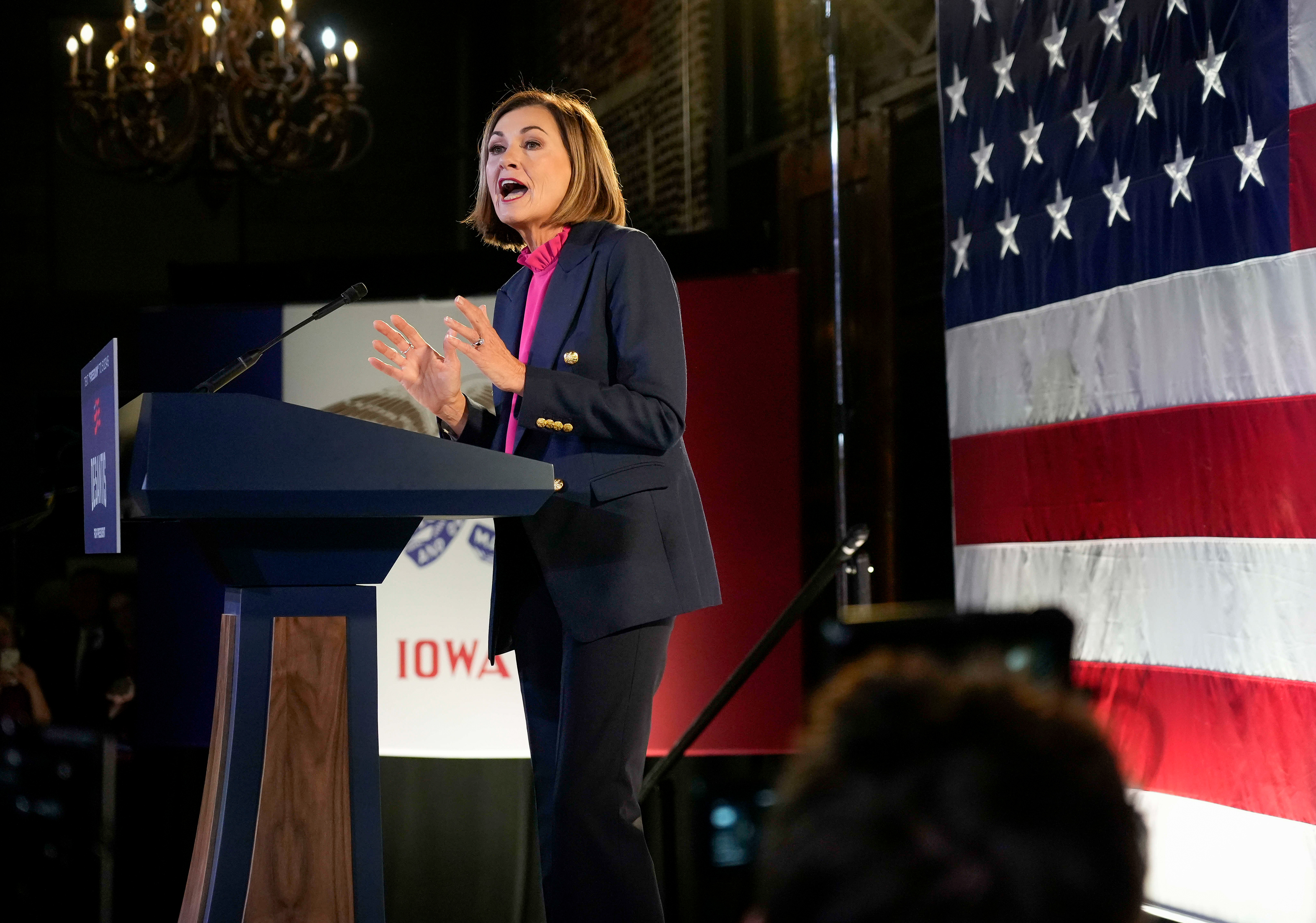Iowa Gov. Kim Reynolds speaks during a rally with presidential candidate Florida Gov. Ron DeSantis, Monday, Nov. 6, 2023, in Des Moines, Iowa.