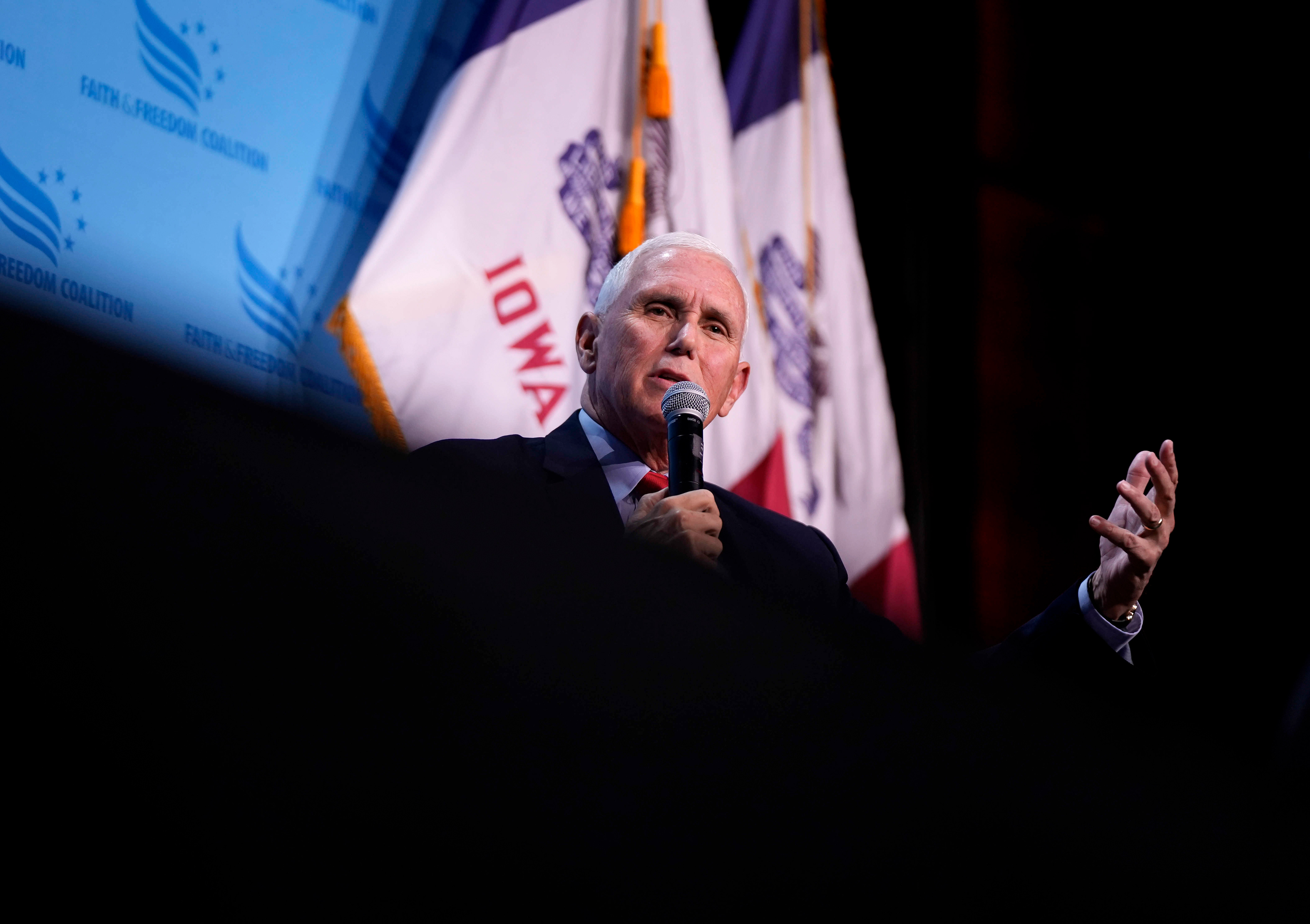 Republican presidential candidate former Vice President Mike Pence speaks at the Iowa Faith & Freedom Coalition’s fall banquet, Saturday, Sept. 16, 2023, in Des Moines, Iowa. (AP Photo/Bryon Houlgrave)