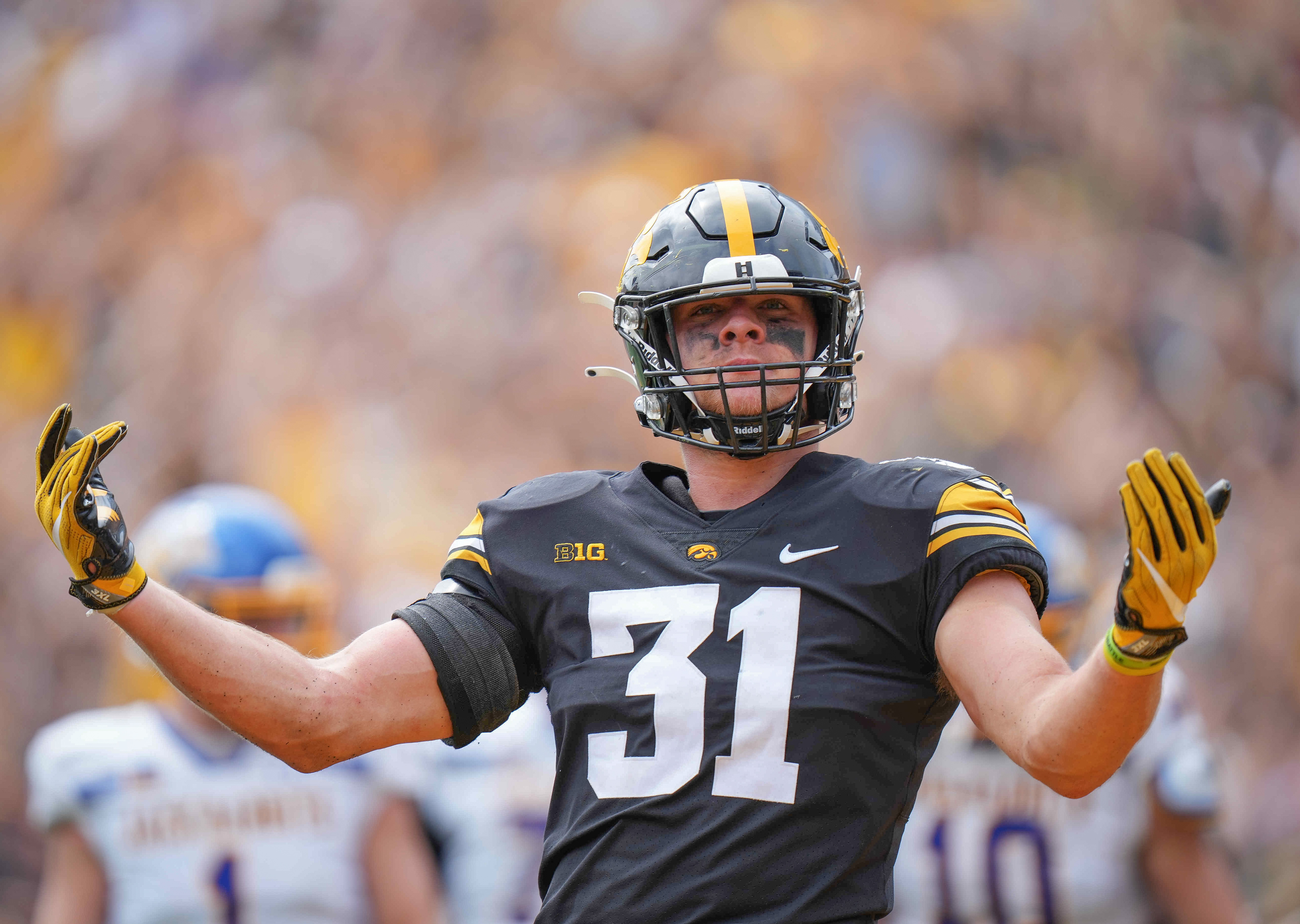 Iowa linebacker Jack Campbell reacts after making a tackle against South Dakota State during a NCAA football game on Saturday, Sept. 3, 2022, at Kinnick Stadium in Iowa City.
