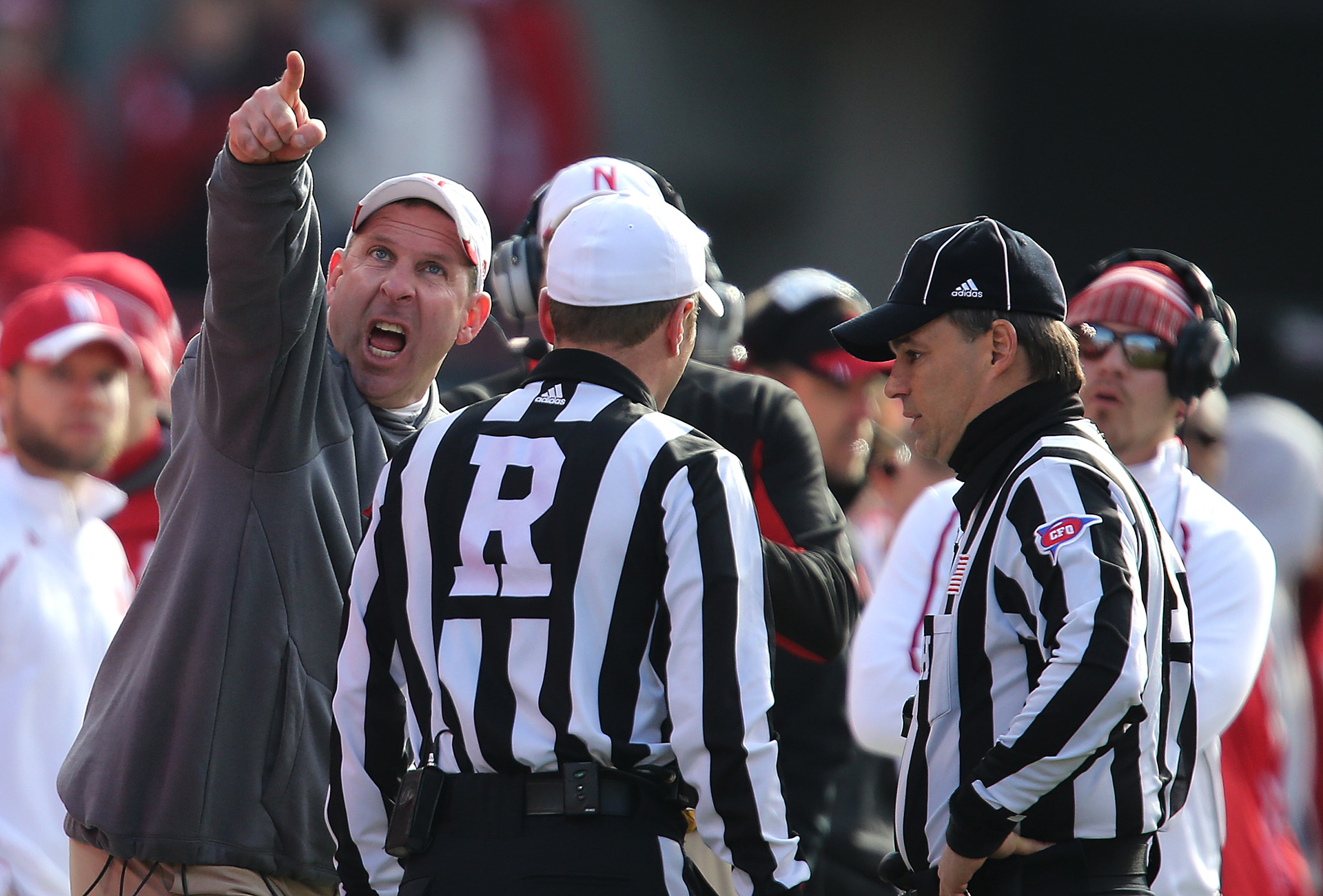 Nebraska head coach Bo Pelini argues with game officials in the second half against Iowa on Friday at Memorial Stadium in Lincoln, Neb.