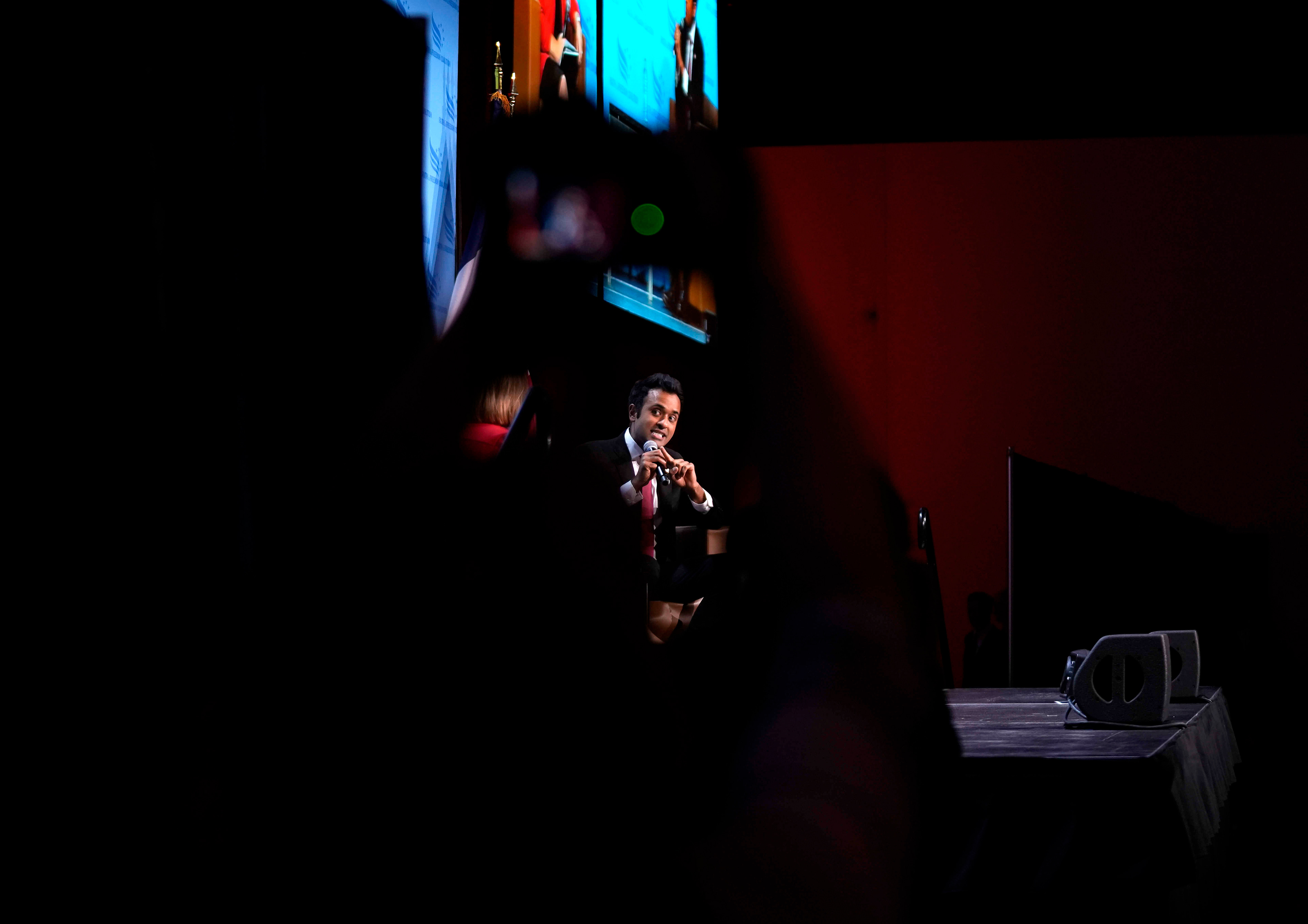 Republican presidential candidate businessman Vivek Ramaswamy speaks at the Iowa Faith & Freedom Coalition’s fall banquet, Saturday, Sept. 16, 2023, in Des Moines, Iowa. (AP Photo/Bryon Houlgrave)