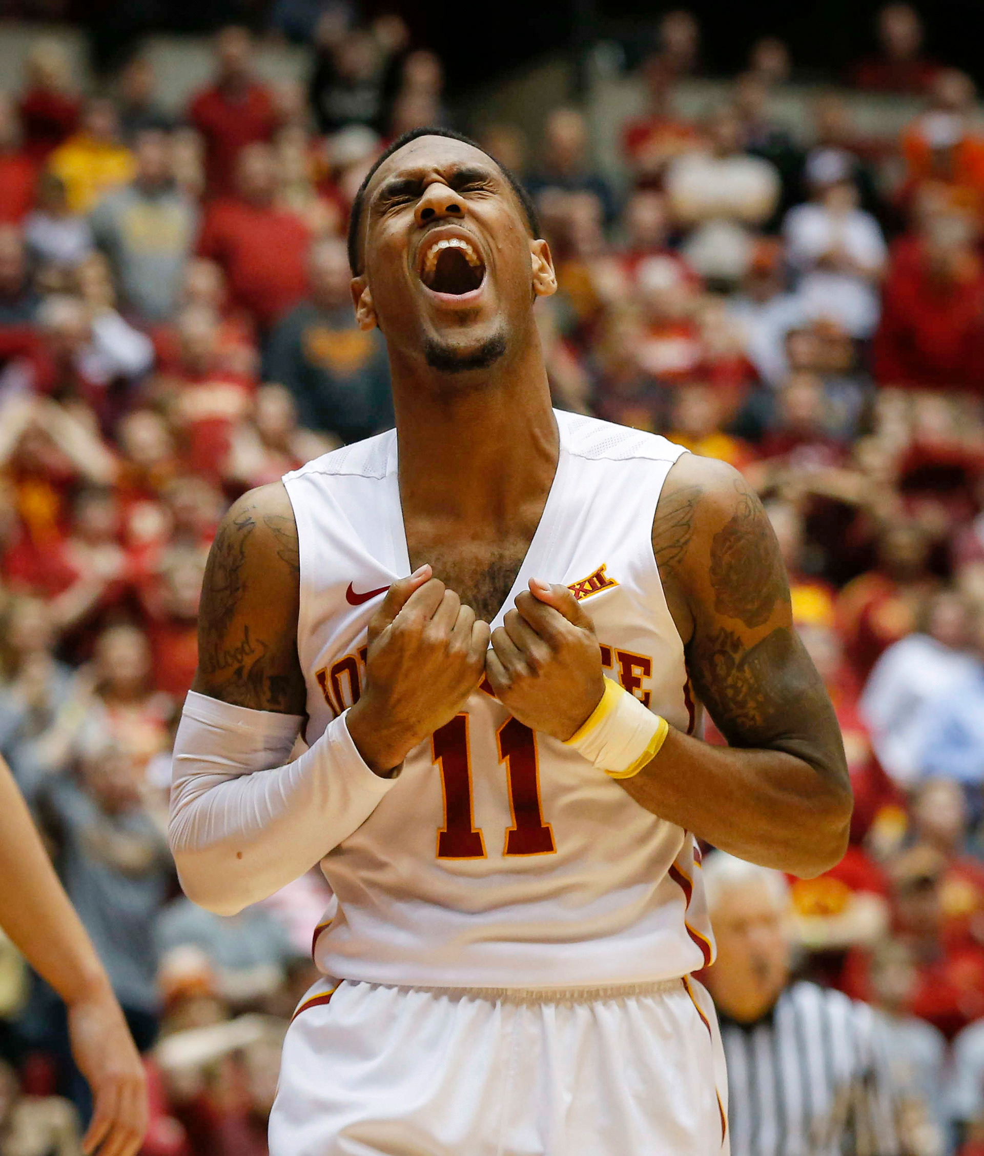 Iowa State junior Monte Morris reacts late in the game after missing a field goal against West Virginia on Tuesday, Feb. 2, 2016, at Hilton Coliseum in Ames, Iowa. West Virginia won, 81-76.