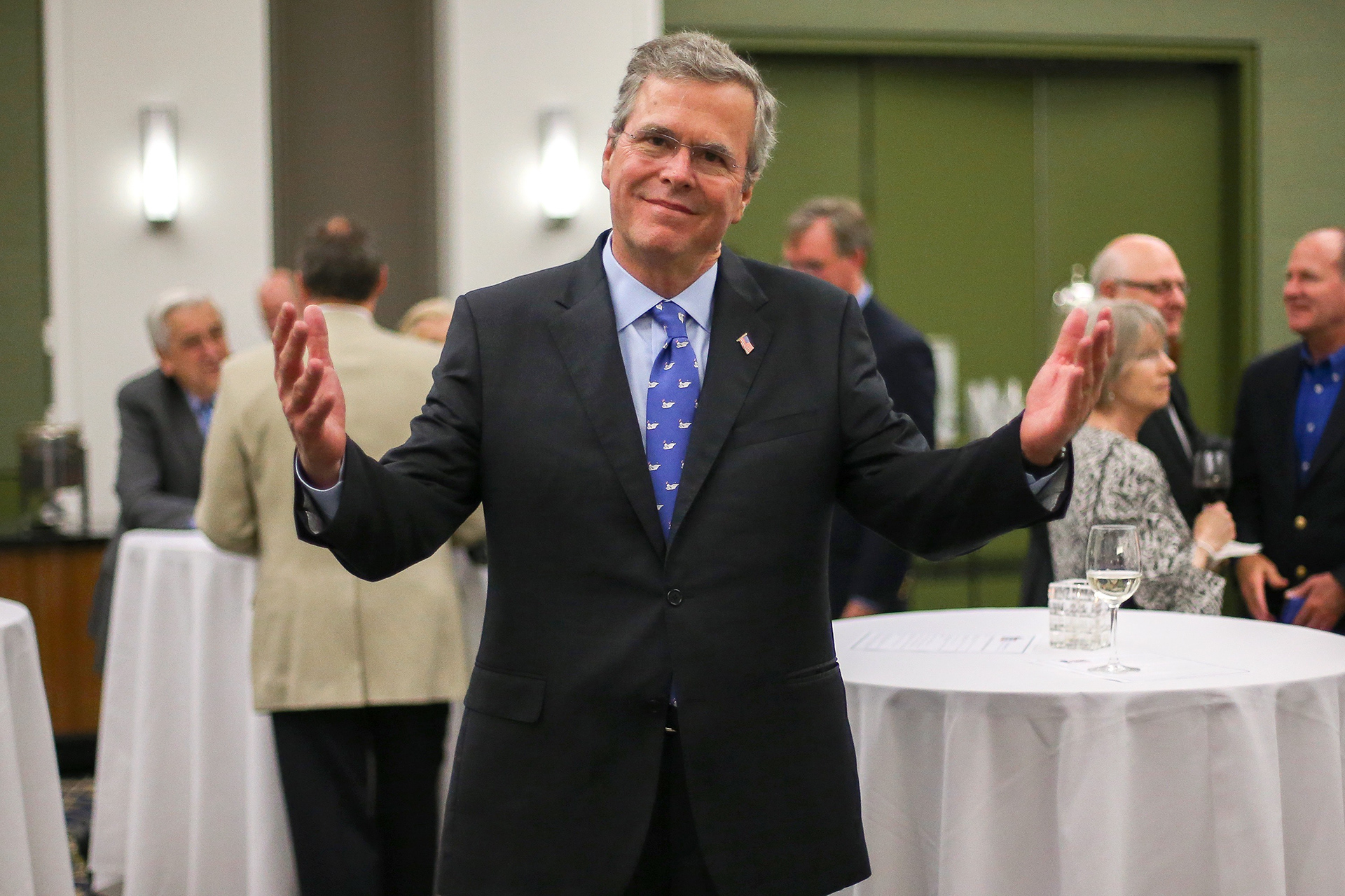 Republican presidential candidate hopeful Jeb Bush plays to the camera after speaking in Des Moines, Iowa, on May 16, 2015.