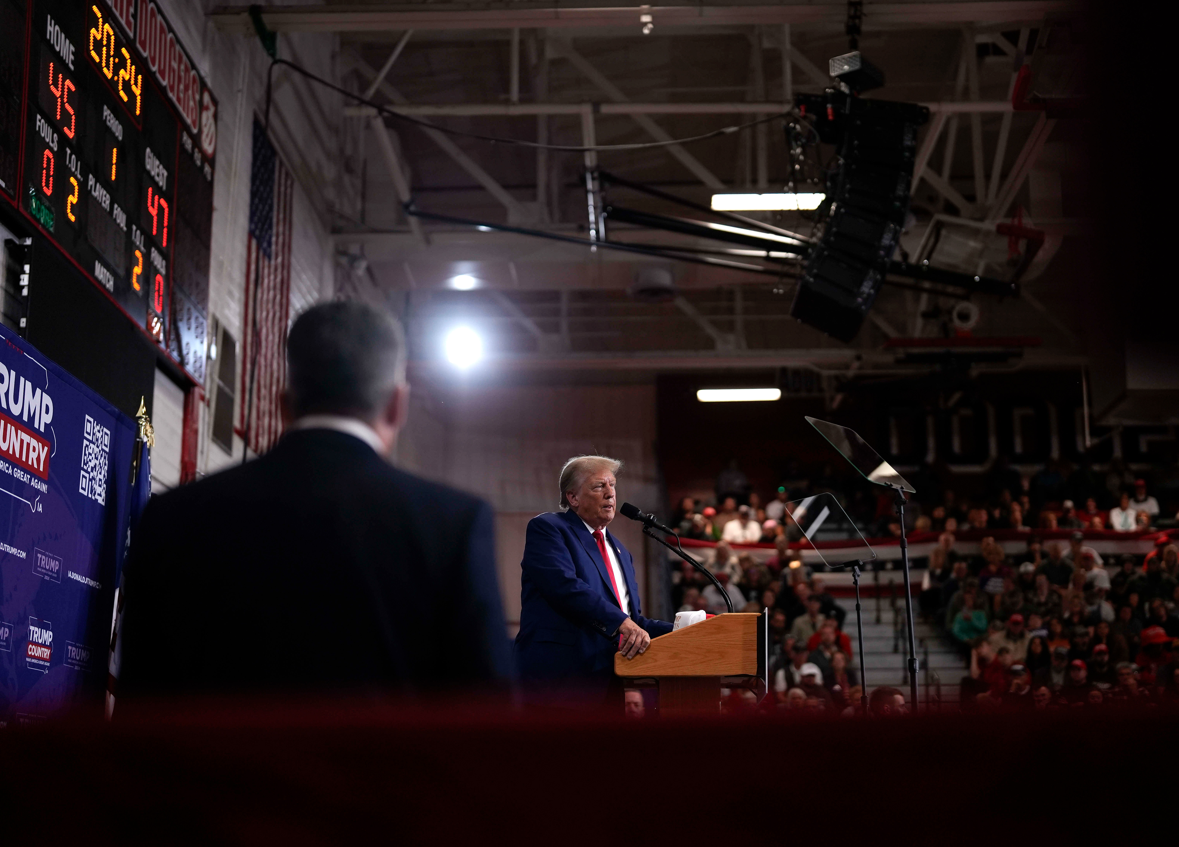 Republican presidential candidate and former President Donald Trump speaks during a rally Saturday, Nov. 18, 2023, in Fort Dodge, Iowa. (AP Photo/Bryon Houlgrave)
