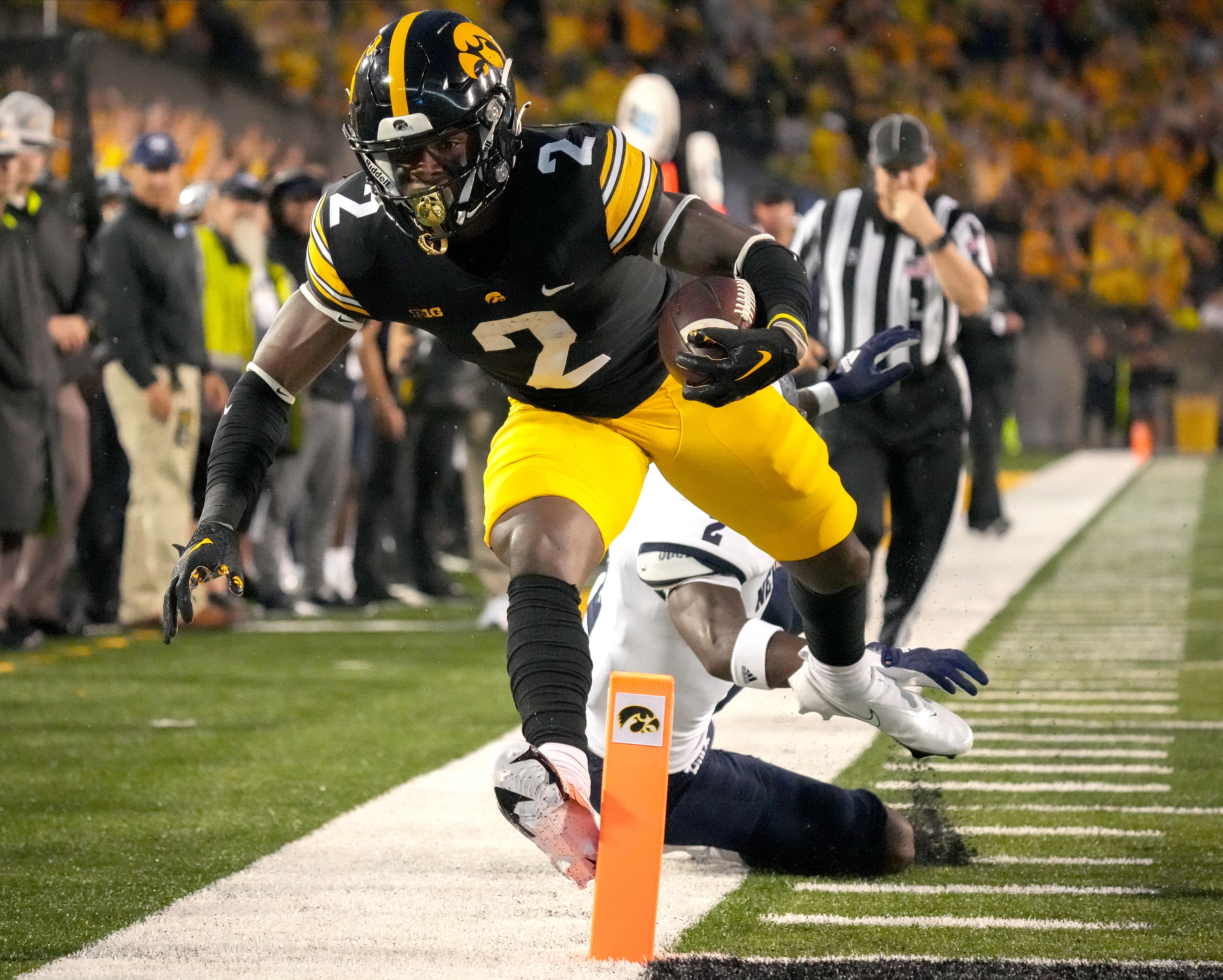 Iowa running back Kaleb Johnson scores a touchdown in the first quarter against Nevada during a non-conference NCAA football game on Saturday, Sept. 17, 2022, at Kinnick Stadium in Iowa City.