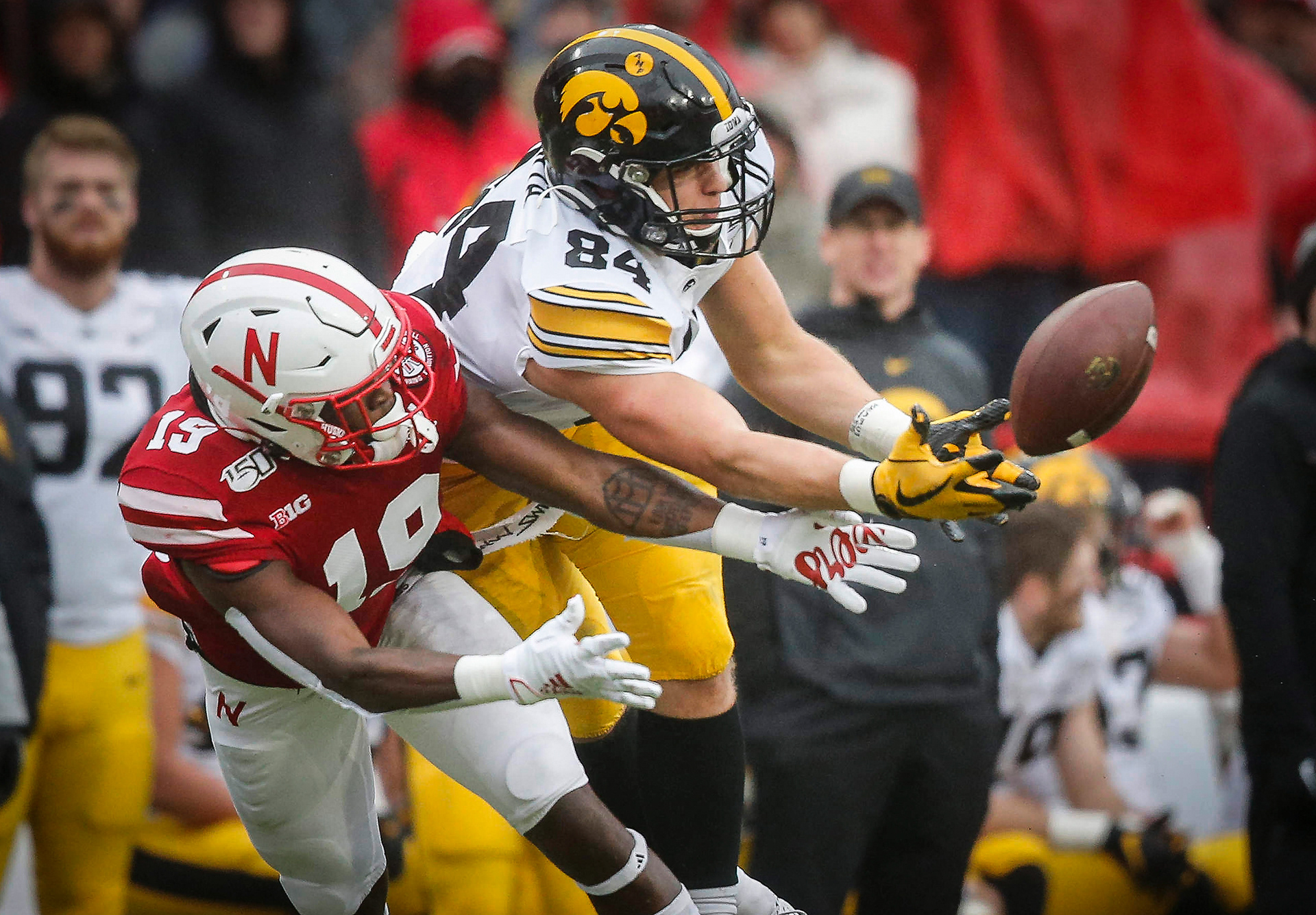 Iowa tight end Sam LaPorta battles Nebraska junior safety Marquel Dismuke as the pass falls incomplete in the first quarter during their Big 10 final season game on Friday, Nov. 29, 2019, at Memorial Stadium in Lincoln, Neb.