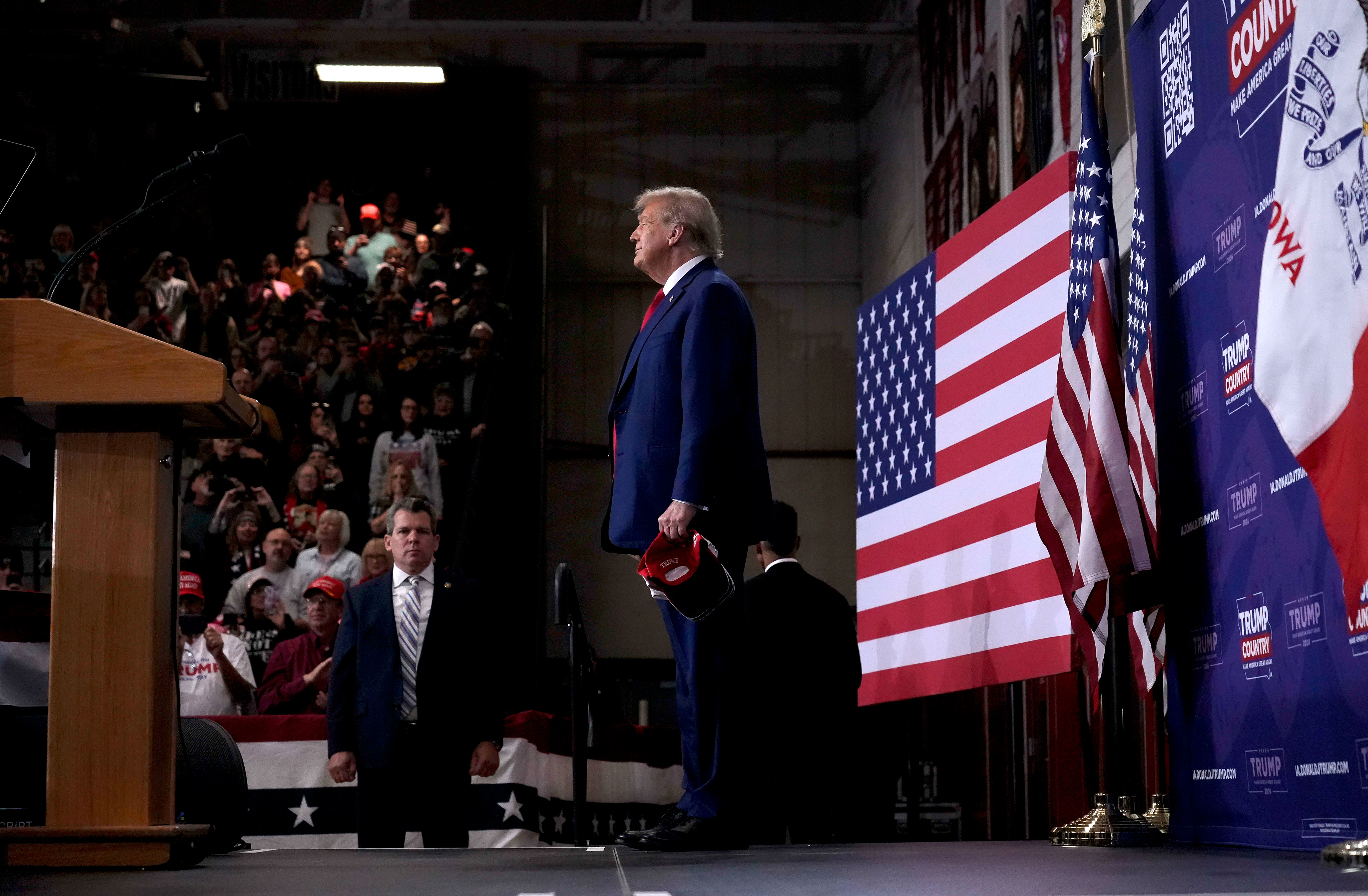 Republican presidential candidate and former President Donald Trump speaks during a rally Saturday, Nov. 18, 2023, in Fort Dodge, Iowa. (AP Photo/Bryon Houlgrave)
