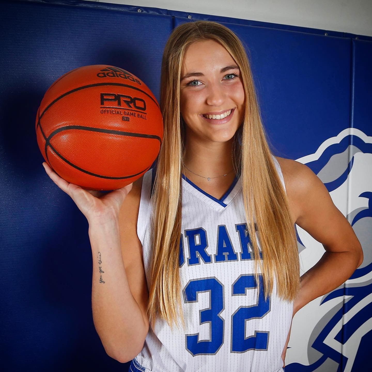 Drake University sophomore forward Courtney Becker poses for a photo at the Knapp Center during media day on Oct. 21, 2021.
