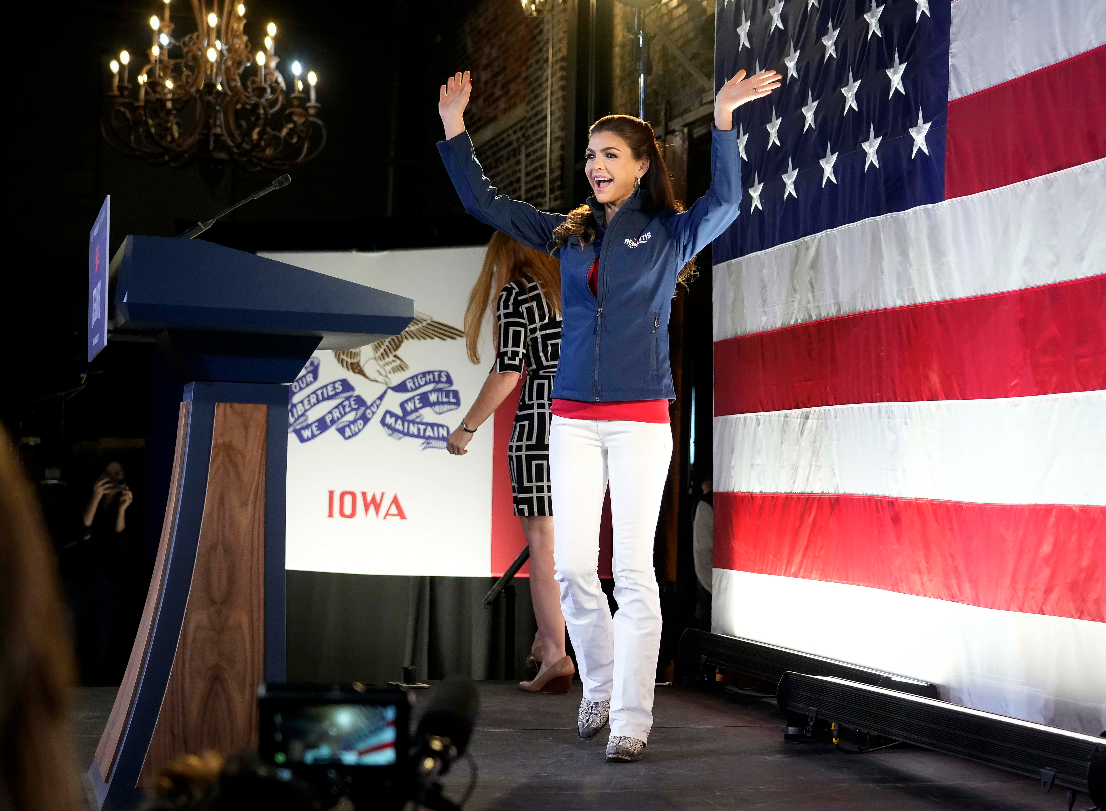 Casey DeSantis, wife of Republican presidential candidate Florida Gov. Ron DeSantis, speaks during a rally, Monday, Nov. 6, 2023, in Des Moines, Iowa. 