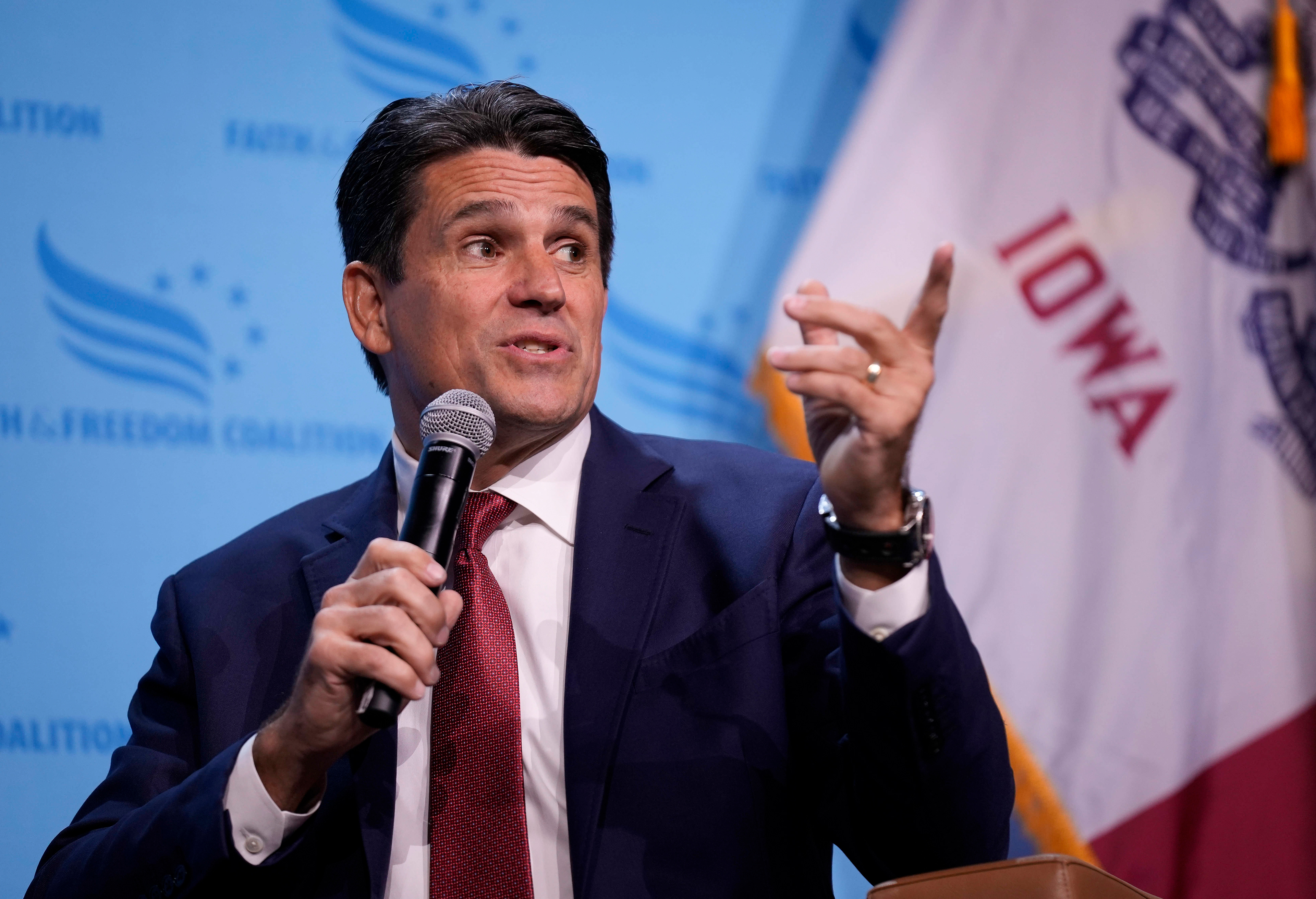 Republican presidential candidate businessman and pastor Ryan Binkley speaks at the Iowa Faith & Freedom Coalition’s fall banquet, Saturday, Sept. 16, 2023, in Des Moines, Iowa. (AP Photo/Bryon Houlgrave)