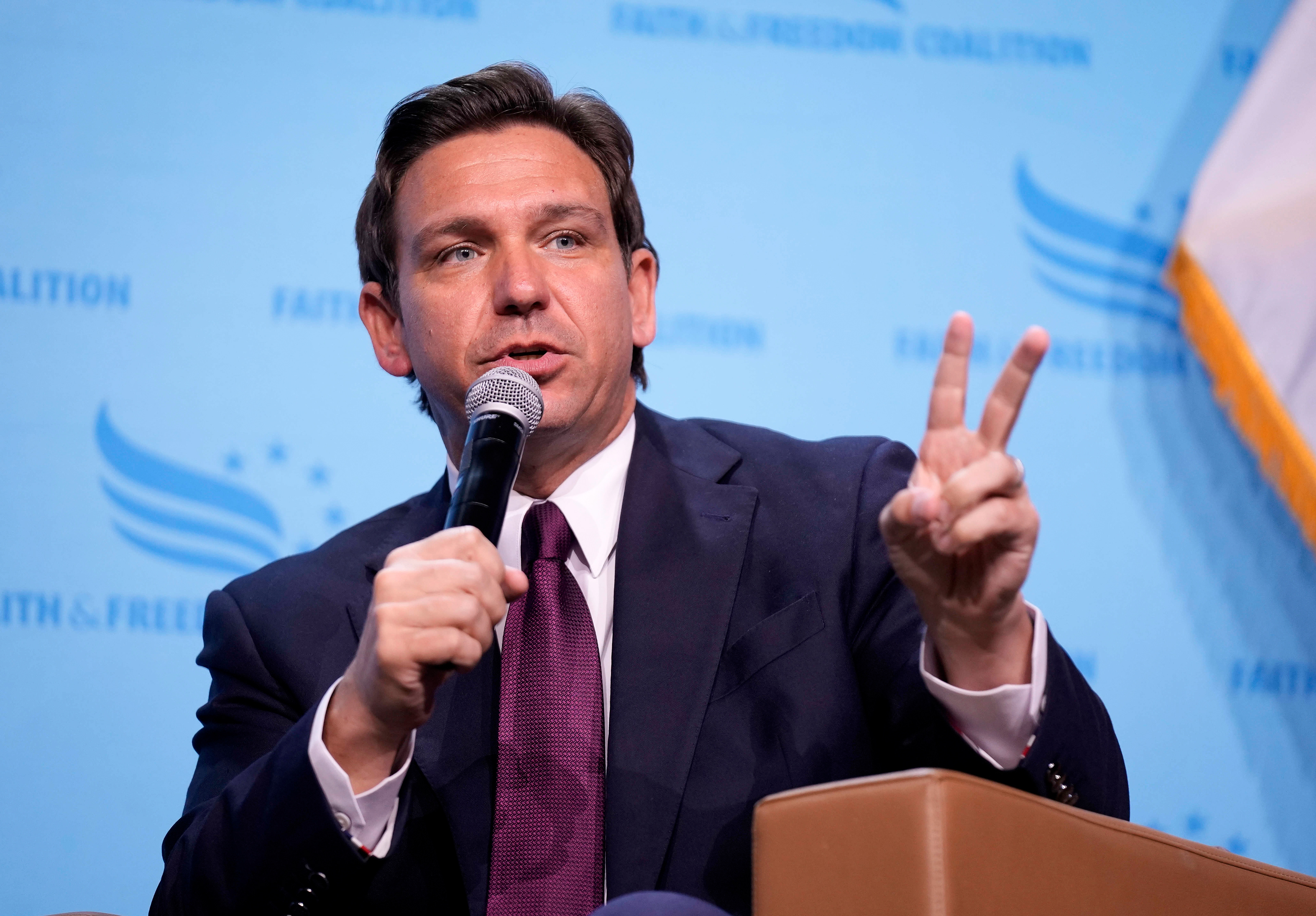 Republican presidential candidate Florida Gov. Ron DeSantis speaks at the Iowa Faith & Freedom Coalition’s fall banquet, Saturday, Sept. 16, 2023, in Des Moines, Iowa. (AP Photo/Bryon Houlgrave)