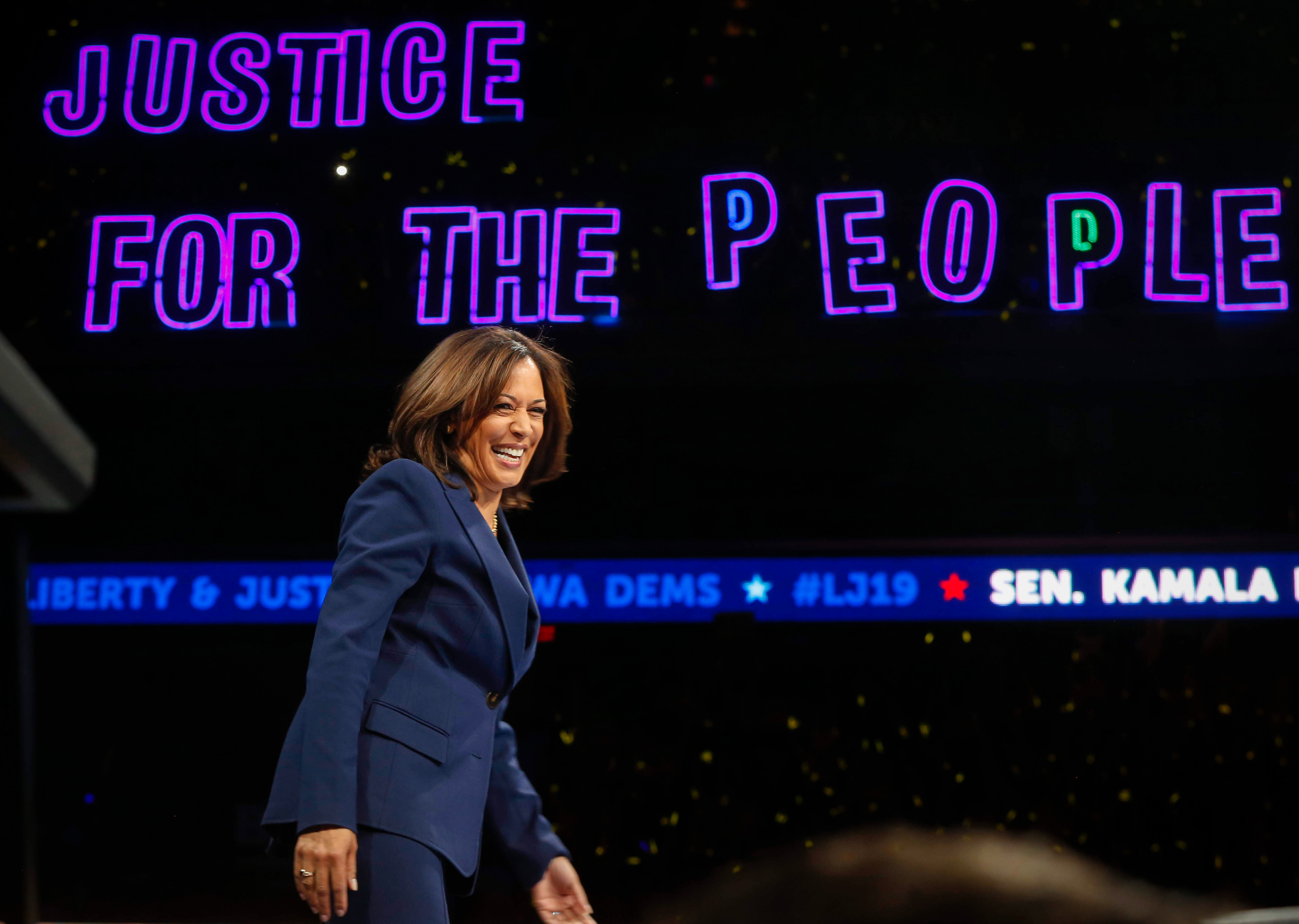 Democratic presidential candidate hopeful Kamala Harris speaks during the Liberty and Justice Celebration on Friday, Nov. 1, 2019, in Des Moines.