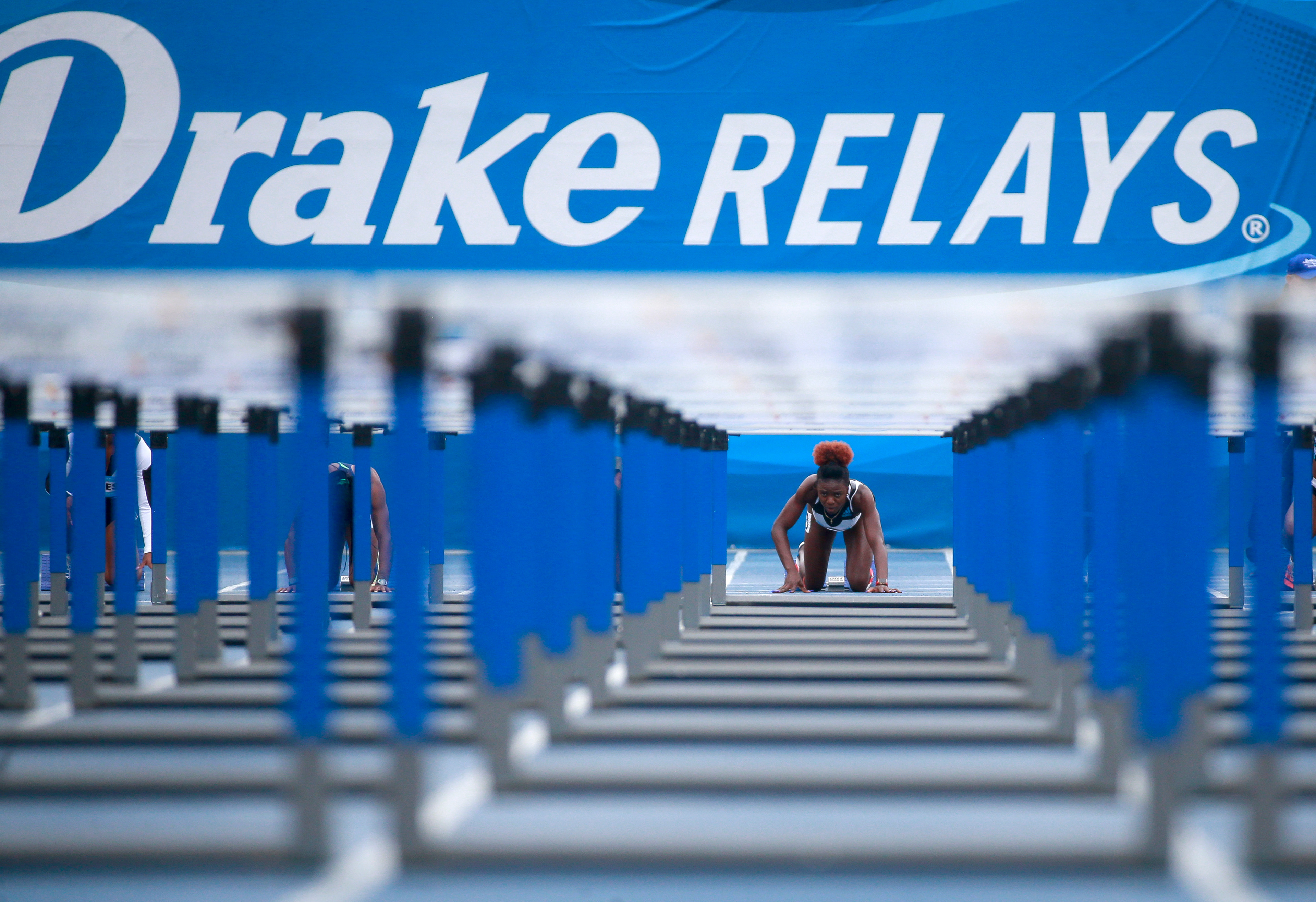 Team Adidas’s Tobi Amusan prepares for the Invitational women's 100-meter hurdles event during the Drake Relays on Saturday, April 30, 2022, in Des Moines.