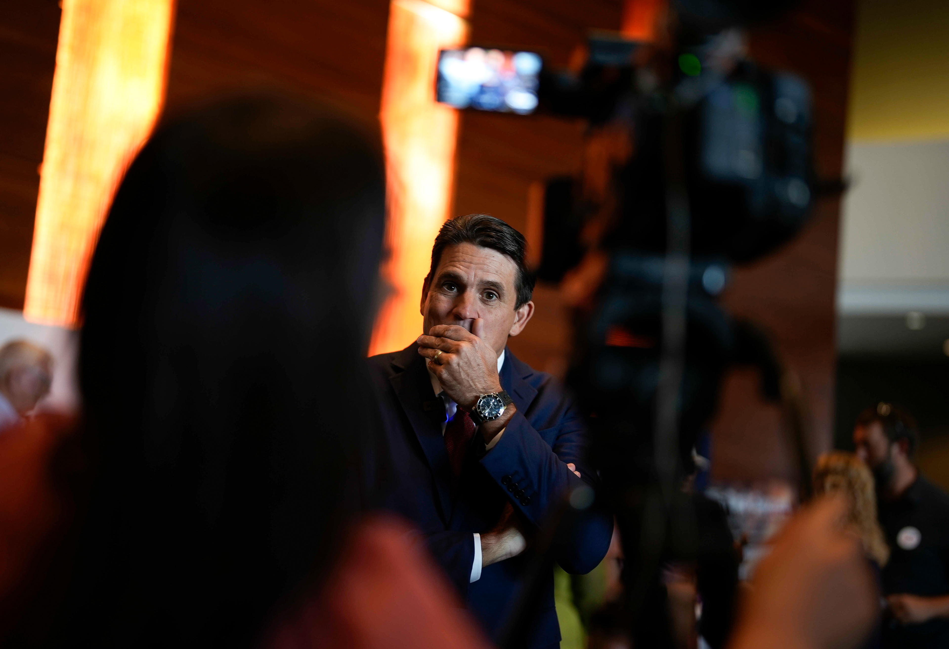 Republican presidential candidate businessman and pastor Ryan Binkley speaks with media prior to speaking at The Iowa Faith & Freedom Coalition’s fall banquet, Saturday, Sept. 16, 2023, in Des Moines, Iowa. (AP Photo/Bryon Houlgrave)