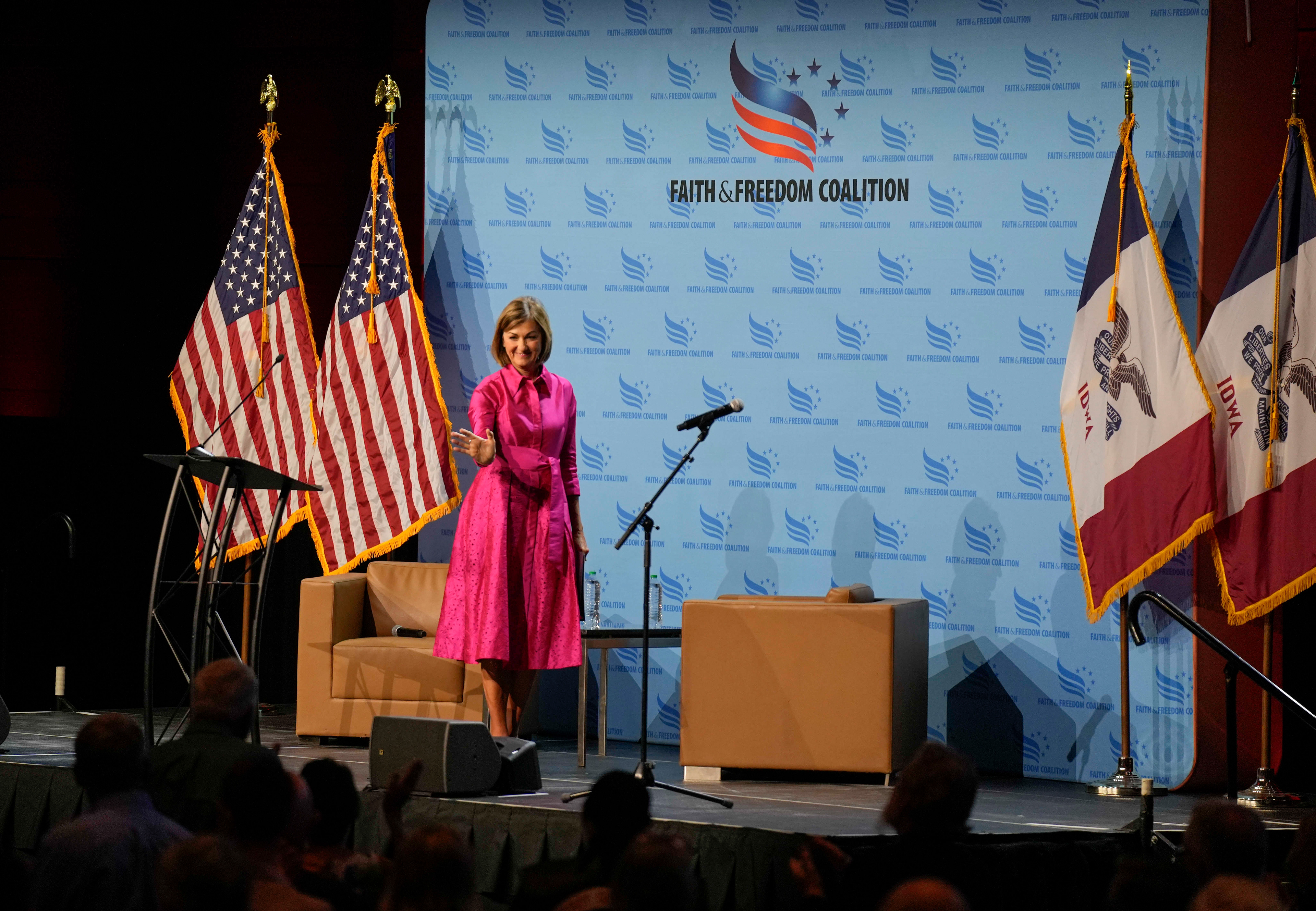 Iowa Gov. Kim Reynolds speaks at the Iowa Faith & Freedom Coalition’s fall banquet, Saturday, Sept. 16, 2023, in Des Moines, Iowa. (AP Photo/Bryon Houlgrave)