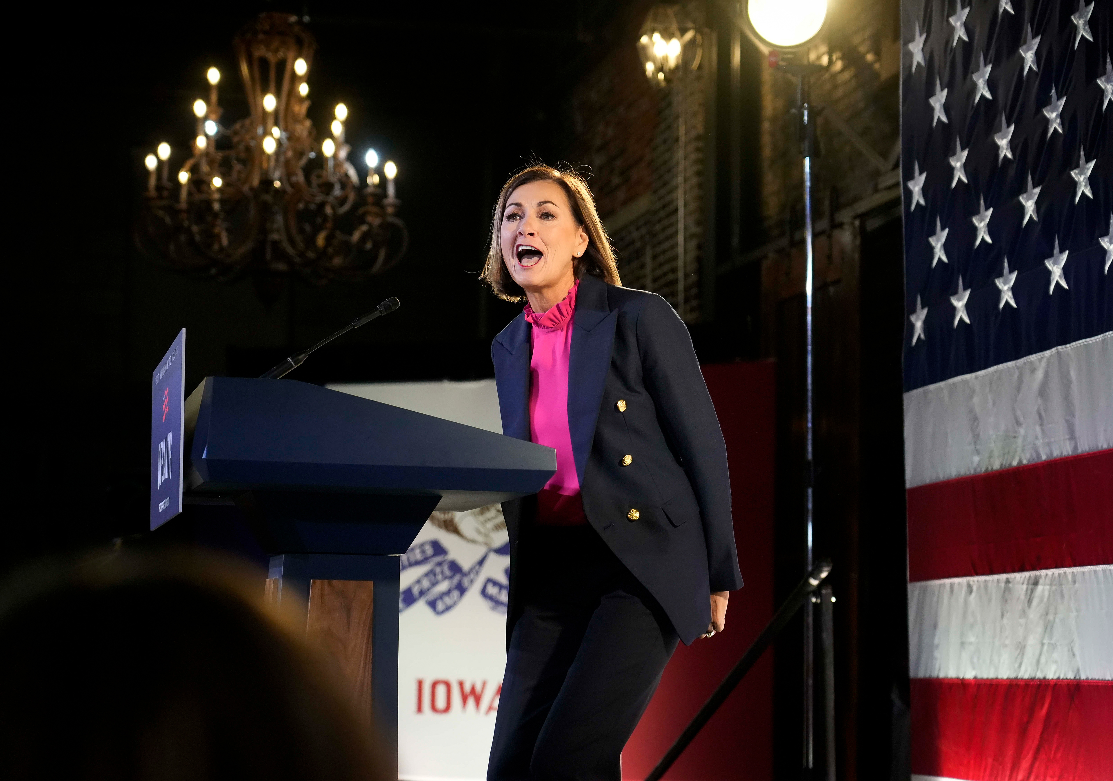 Iowa Gov. Kim Reynolds speaks during a rally with presidential candidate Florida Gov. Ron DeSantis, Monday, Nov. 6, 2023, in Des Moines, Iowa.
