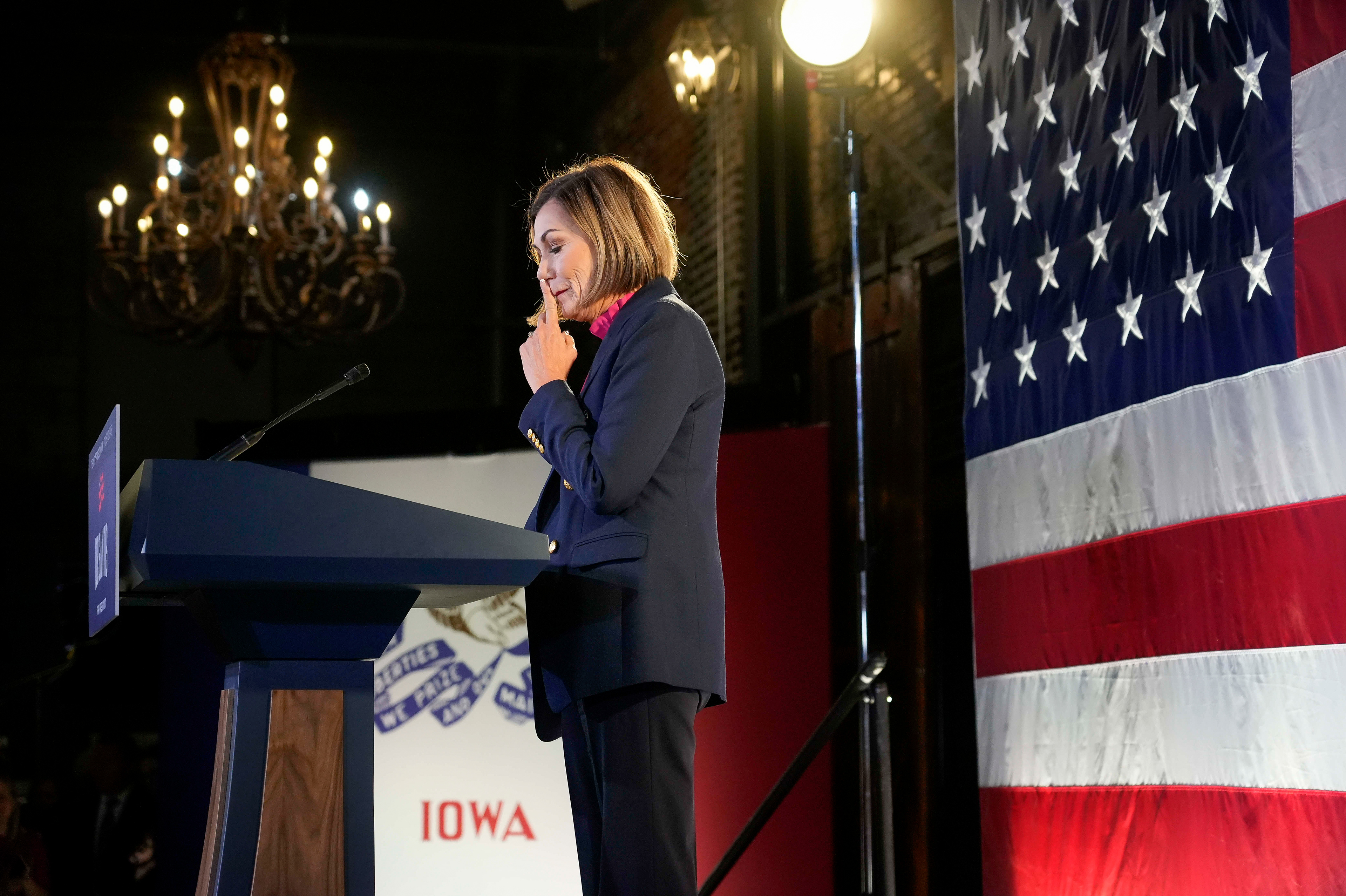 Iowa Gov. Kim Reynolds speaks during a rally with presidential candidate Florida Gov. Ron DeSantis, Monday, Nov. 6, 2023, in Des Moines, Iowa.