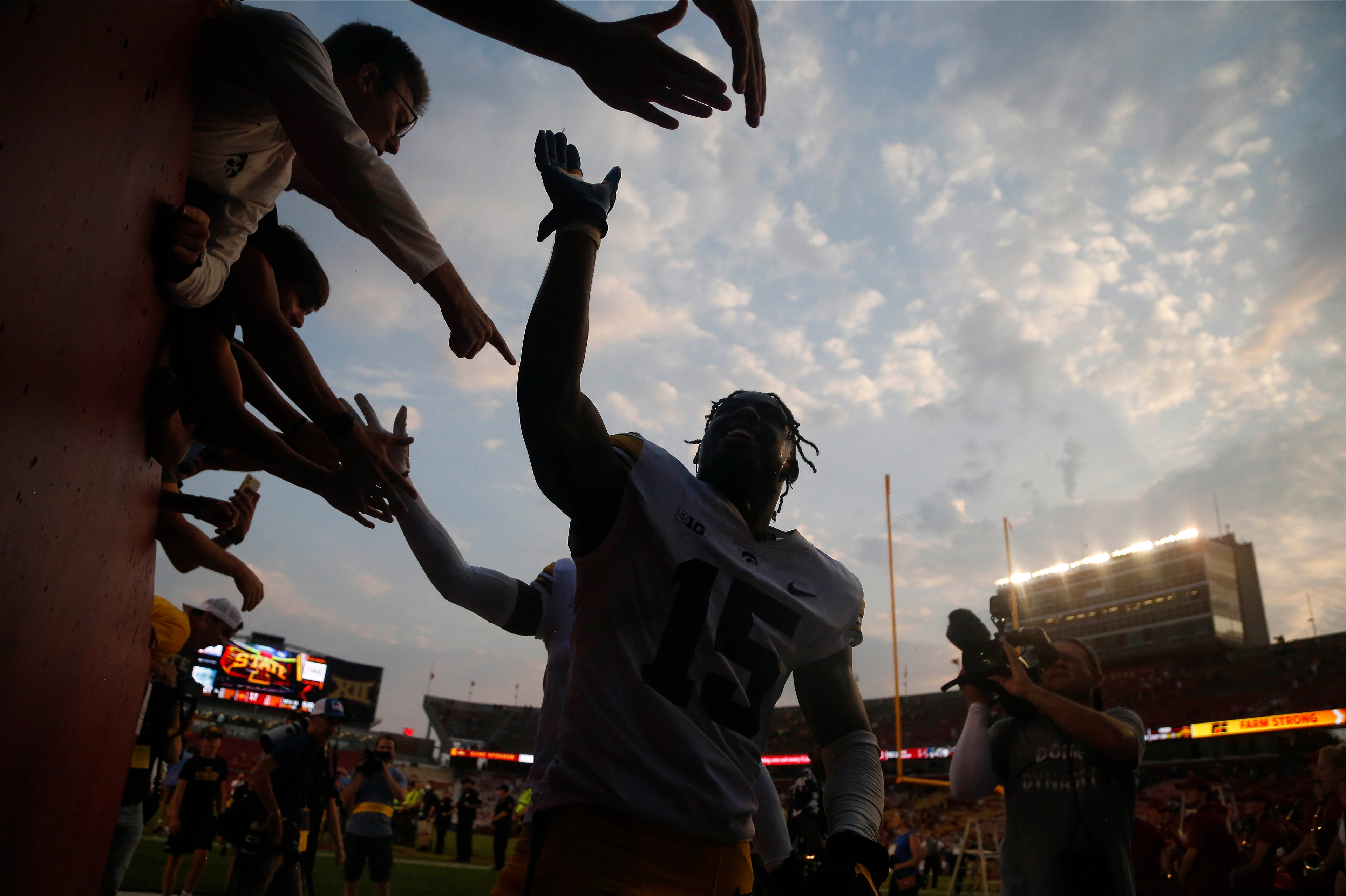 Iowa junior running back Tyler Goodson greets fans after helping the No. 10-ranked Hawkeyes to a 27-17 win over No. 9 Iowa State during the CyHawk Game at Jack Trice Stadium in Ames on Saturday, Sept. 11, 2021.