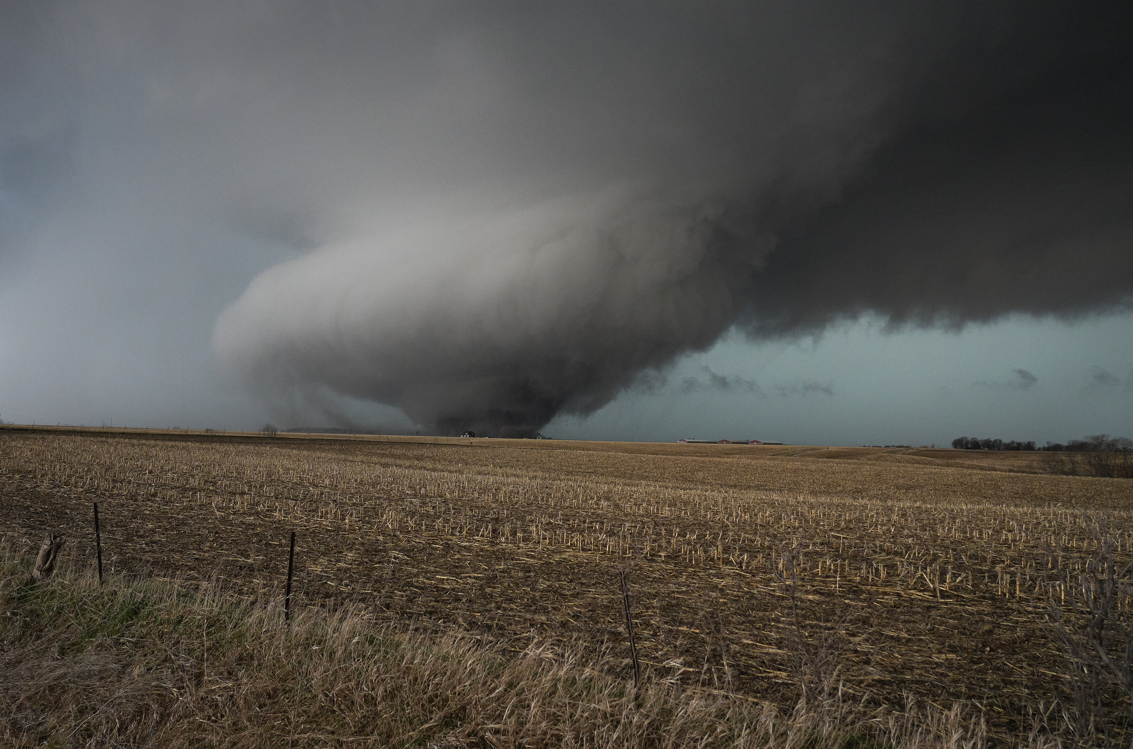 A large tornado carves a path through a corn field northeast of Keota, Iowa, on Friday, March 31, 2023, after a band of intense storms crossed into parts of the Midwest. 