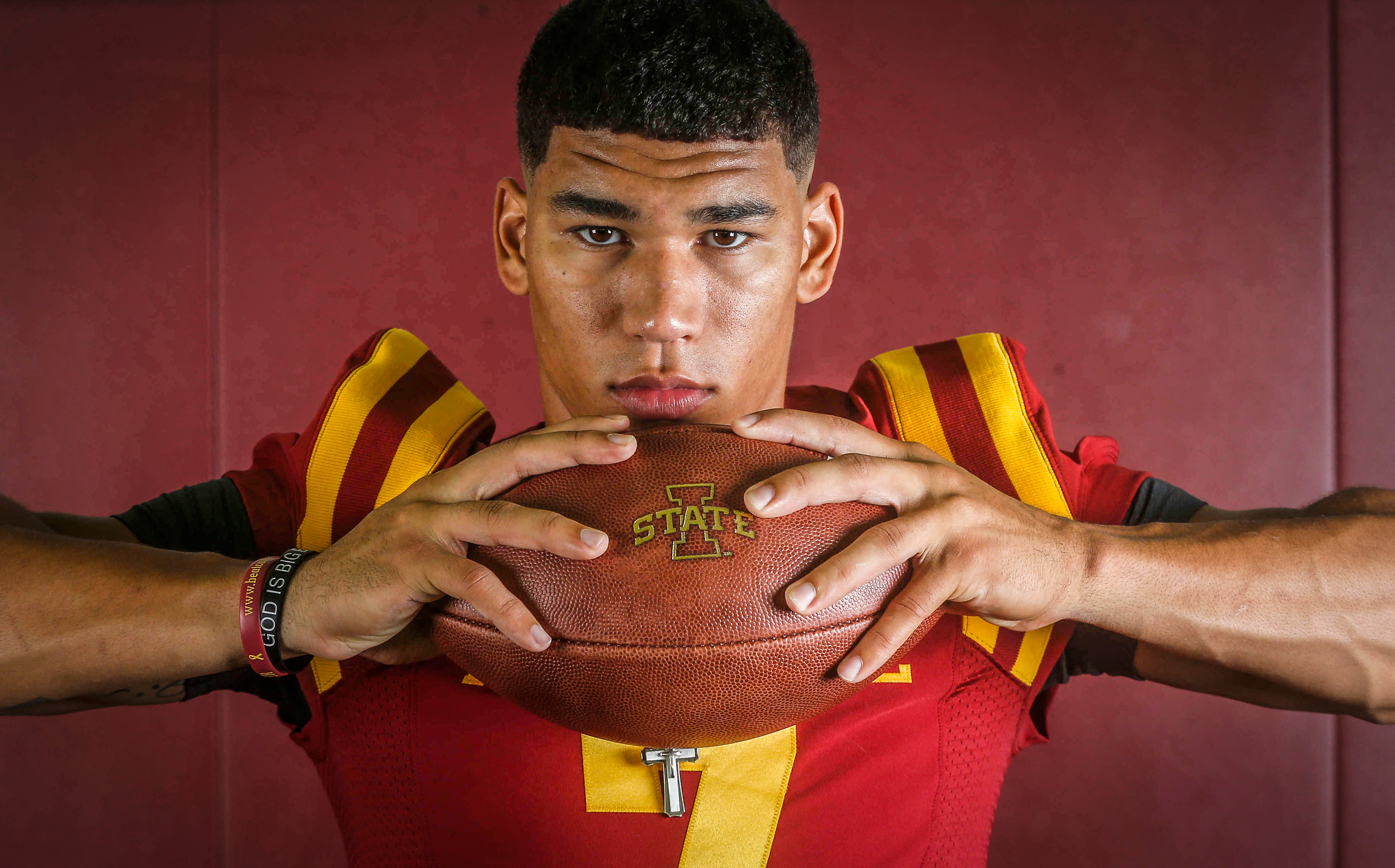 Iowa State senior receiver Allen Lazard of Urbandale poses for a portrait during the Iowa State football team media day at Bergstrom Indoor Practice Facility on the Iowa State campus in Ames on Thursday, Aug. 3, 2017.