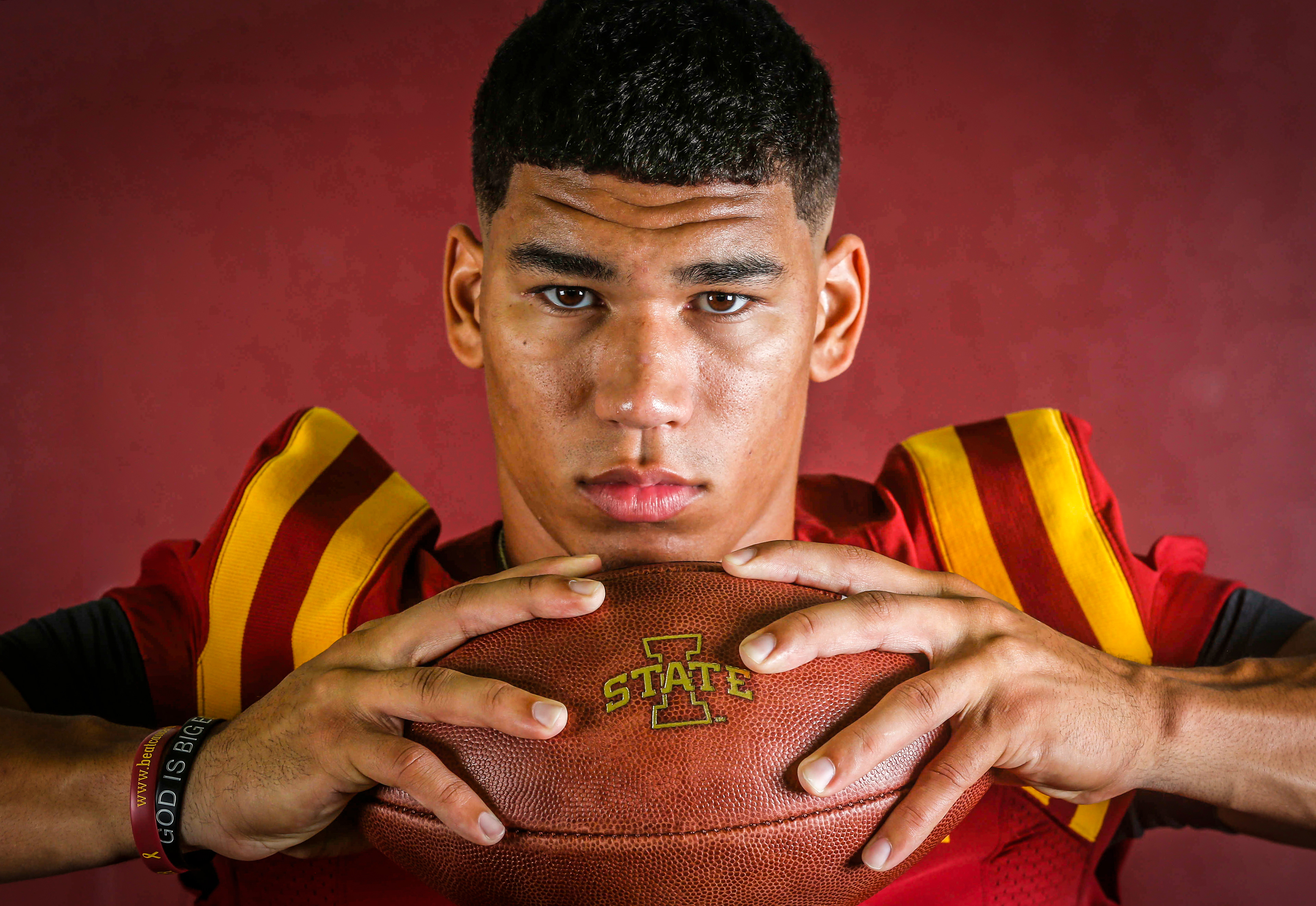 Iowa State senior receiver Allen Lazard of Urbandale poses for a portrait during the Iowa State football team media day at Bergstrom Indoor Practice Facility on the Iowa State campus in Ames on Thursday, Aug. 3, 2017.