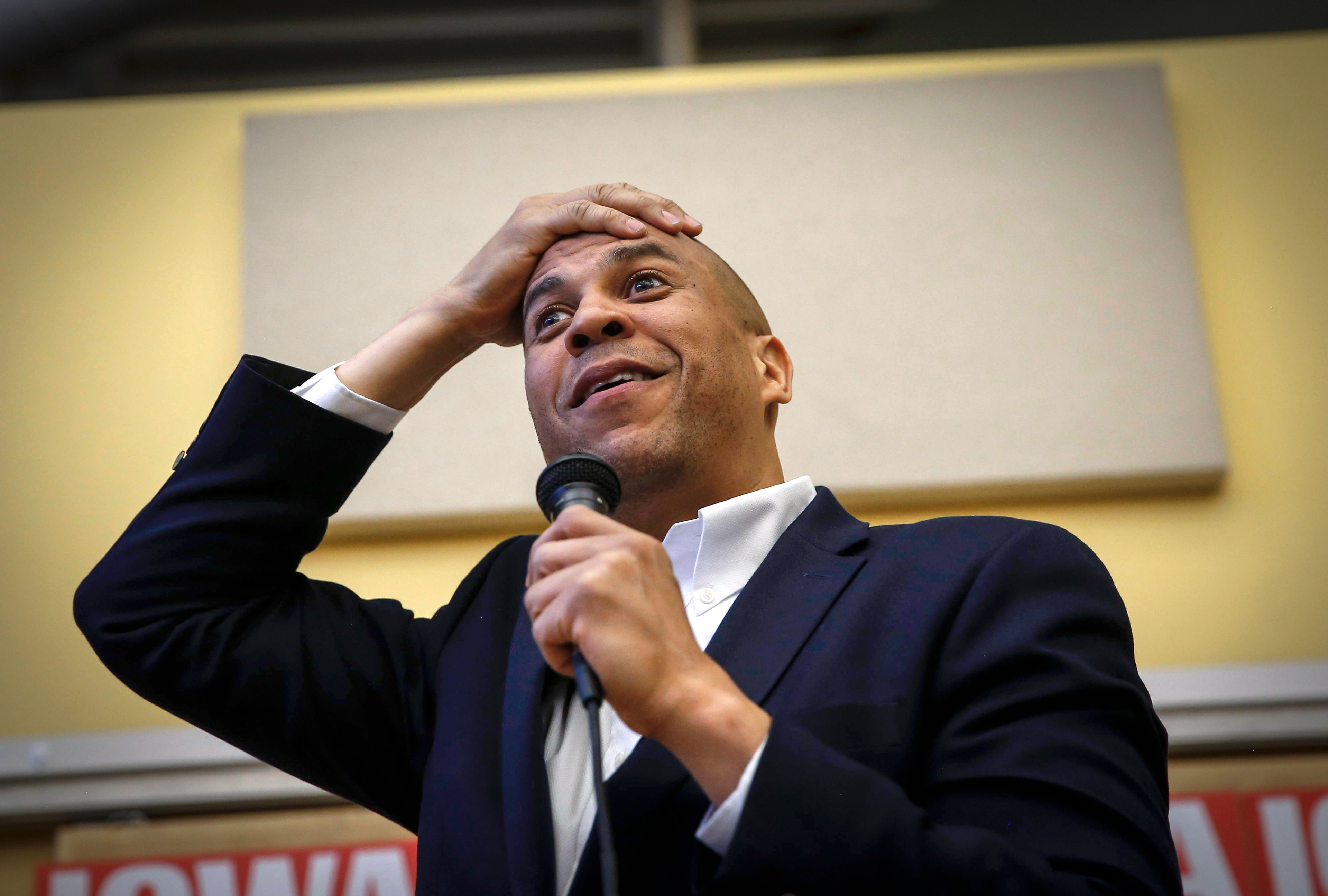 U.S. Senator and democratic presidential candidate hopeful Cory Booker speaks during the Black Caucus reception in Des Moines on Tuesday, April 16, 2019.