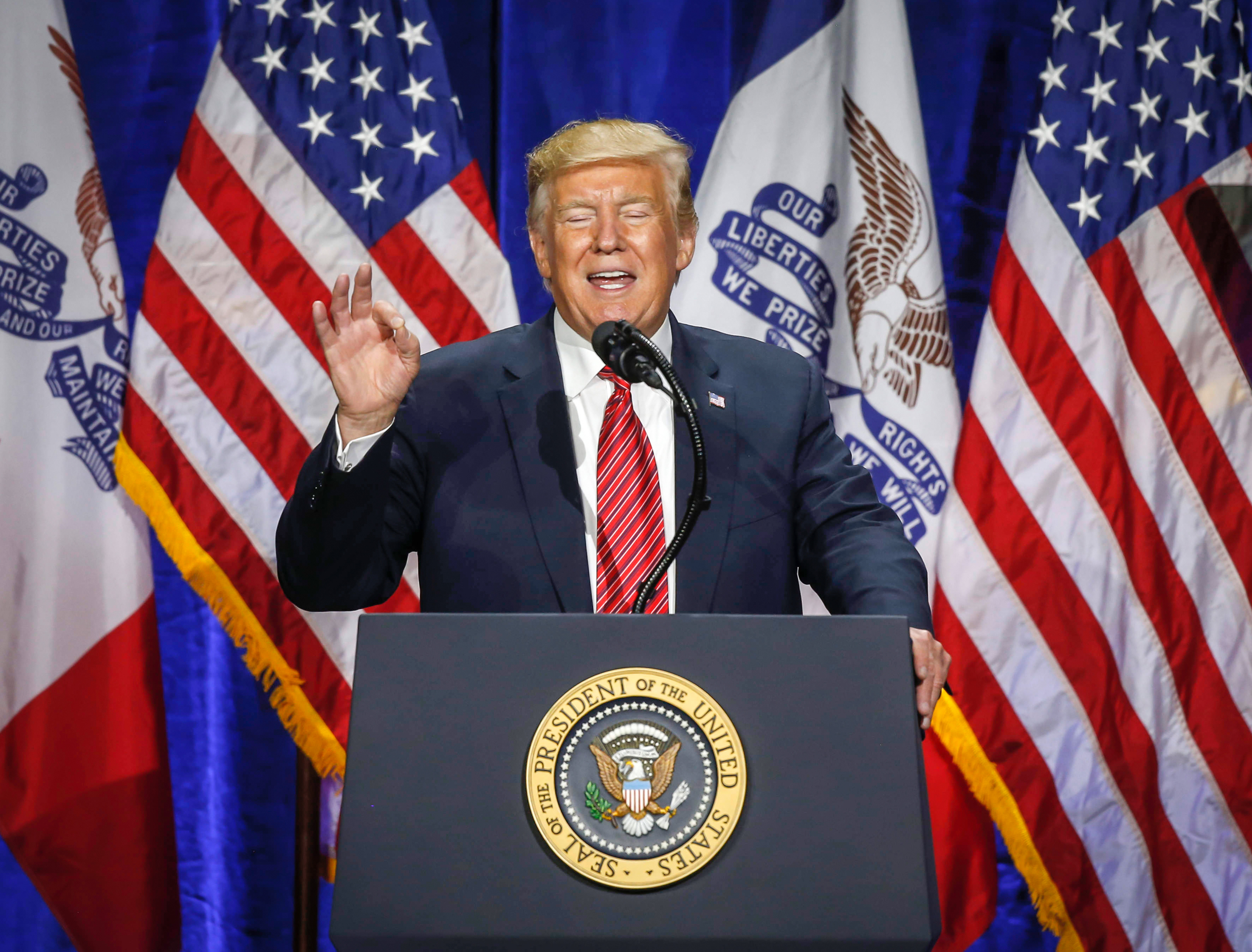 President Donald Trump spoke with central Iowa republicans during the Iowa GOP's America First dinner on Tuesday, June 11, 2019, at the Ron Pearson Center in West Des Moines.