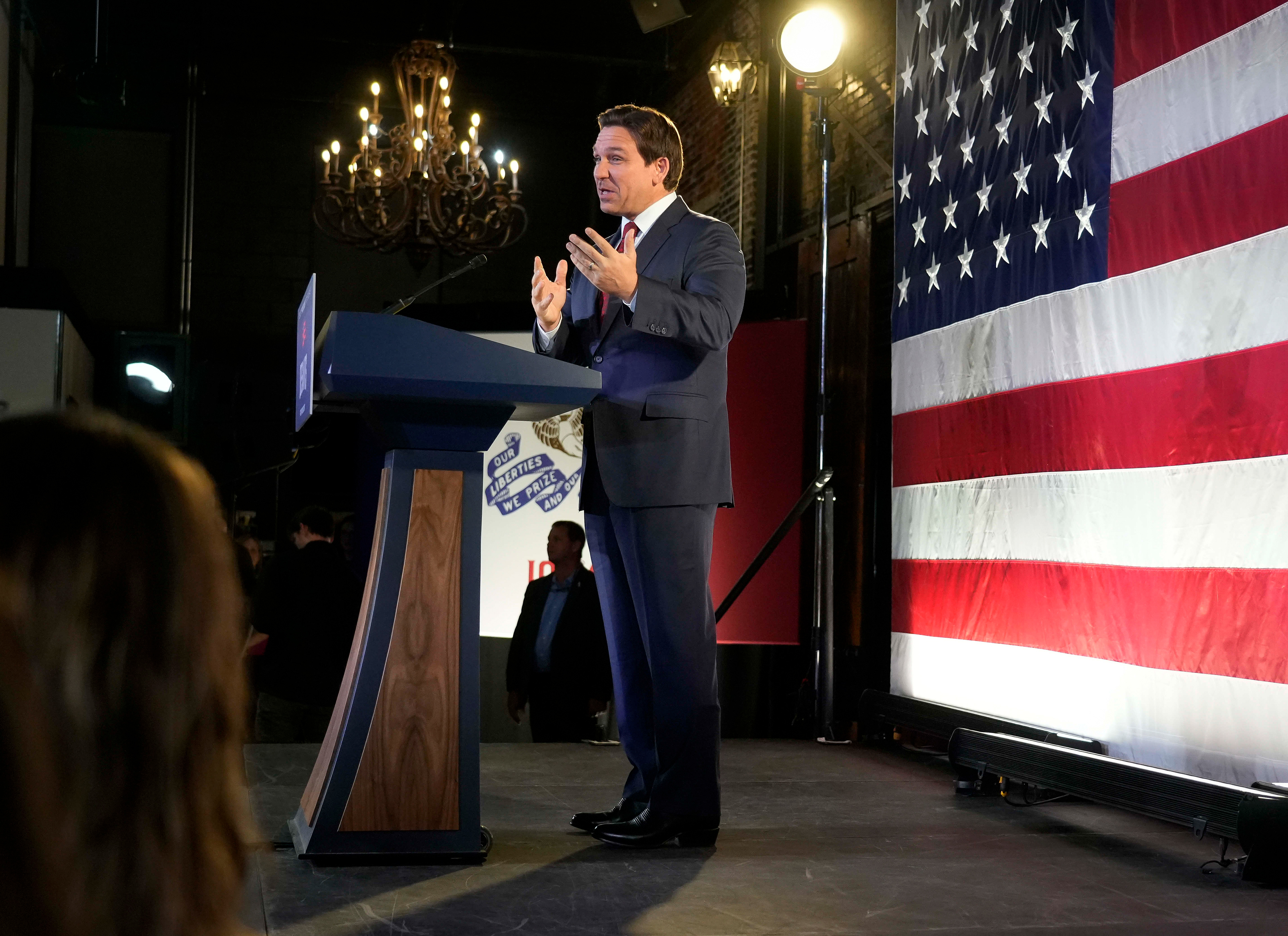 Republican presidential candidate Florida Gov. Ron DeSantis speaks during a rally with Iowa Gov. Kim Reynolds, Monday, Nov. 6, 2023, in Des Moines, Iowa. 