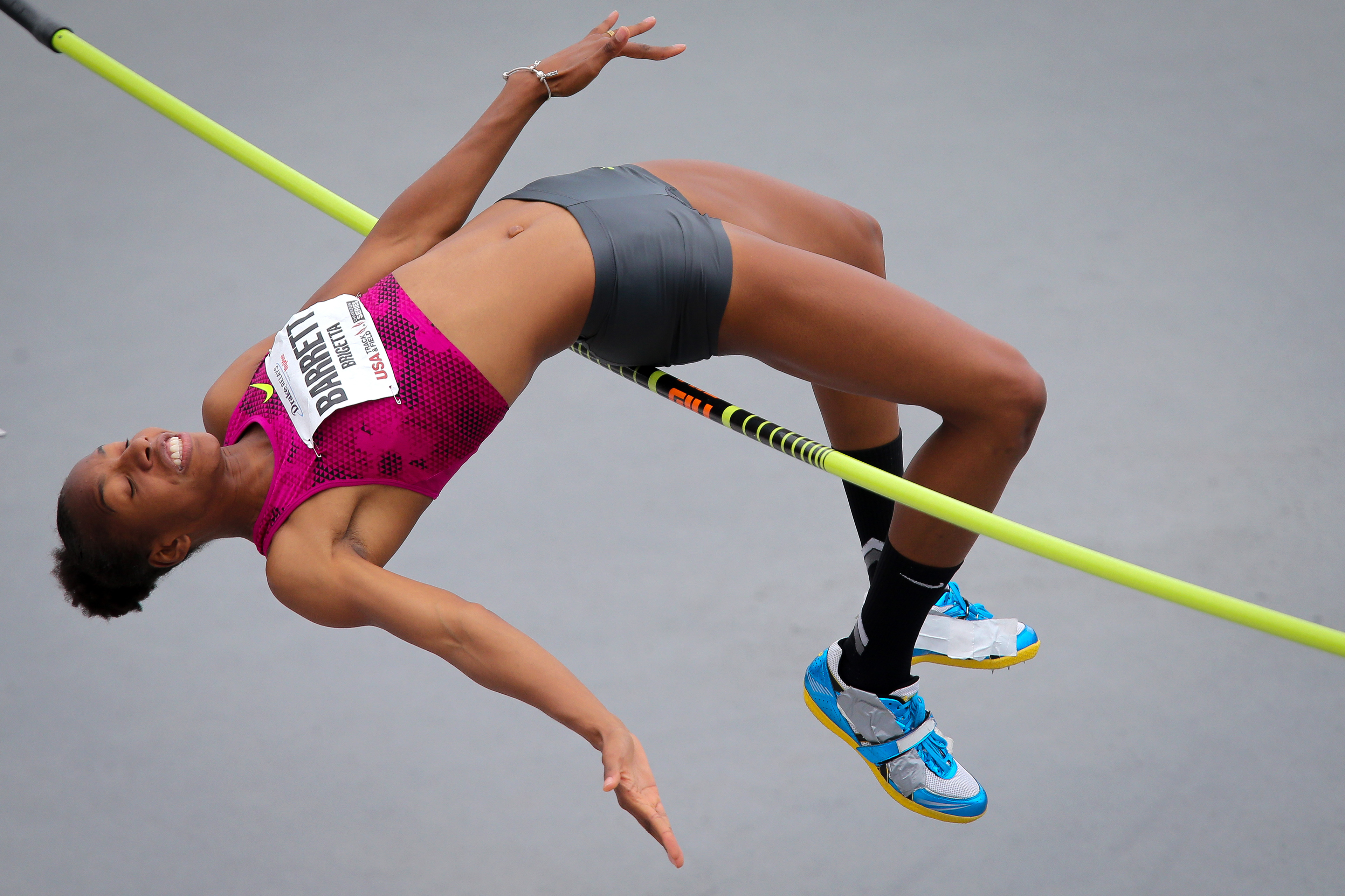 Professional high jumper Brigetta Barrett clears the bar during the Drake Relays open high jumping event on April 26, 2014, at Drake Stadium in Des Moines.