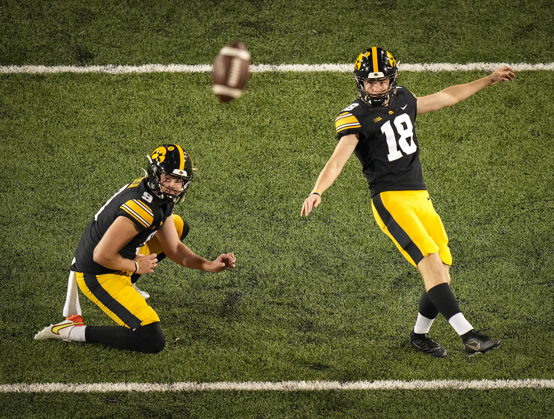 Iowa place kicker Drew Stevens kicks an extra point in the fourth quarter against Nevada during a non-conference NCAA football game on Sunday, Sept. 18, 2022, at Kinnick Stadium in Iowa City.