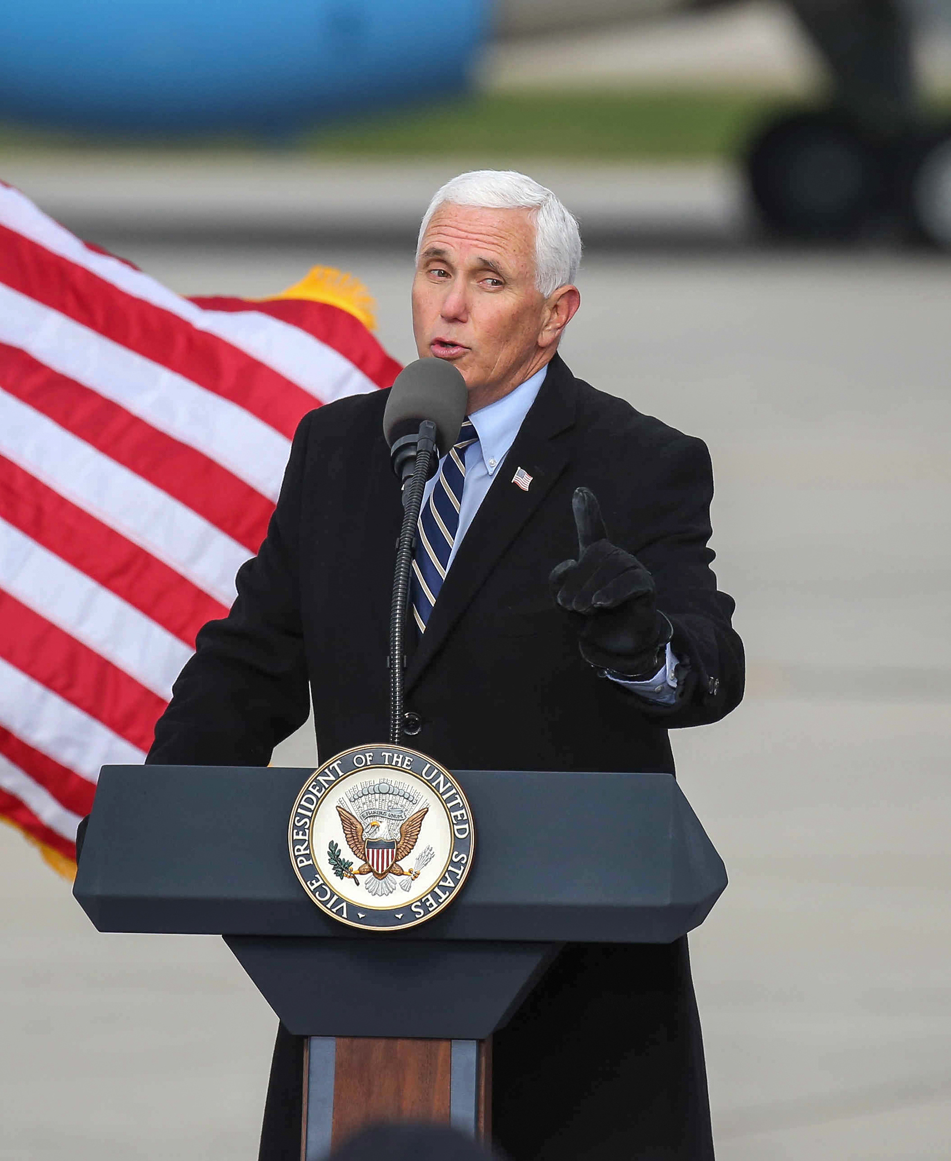 Vice President Mike Pence spoke to supporters at the Des Moines International Airport in Des Moines on Thursday, Oct. 29, 2020.
