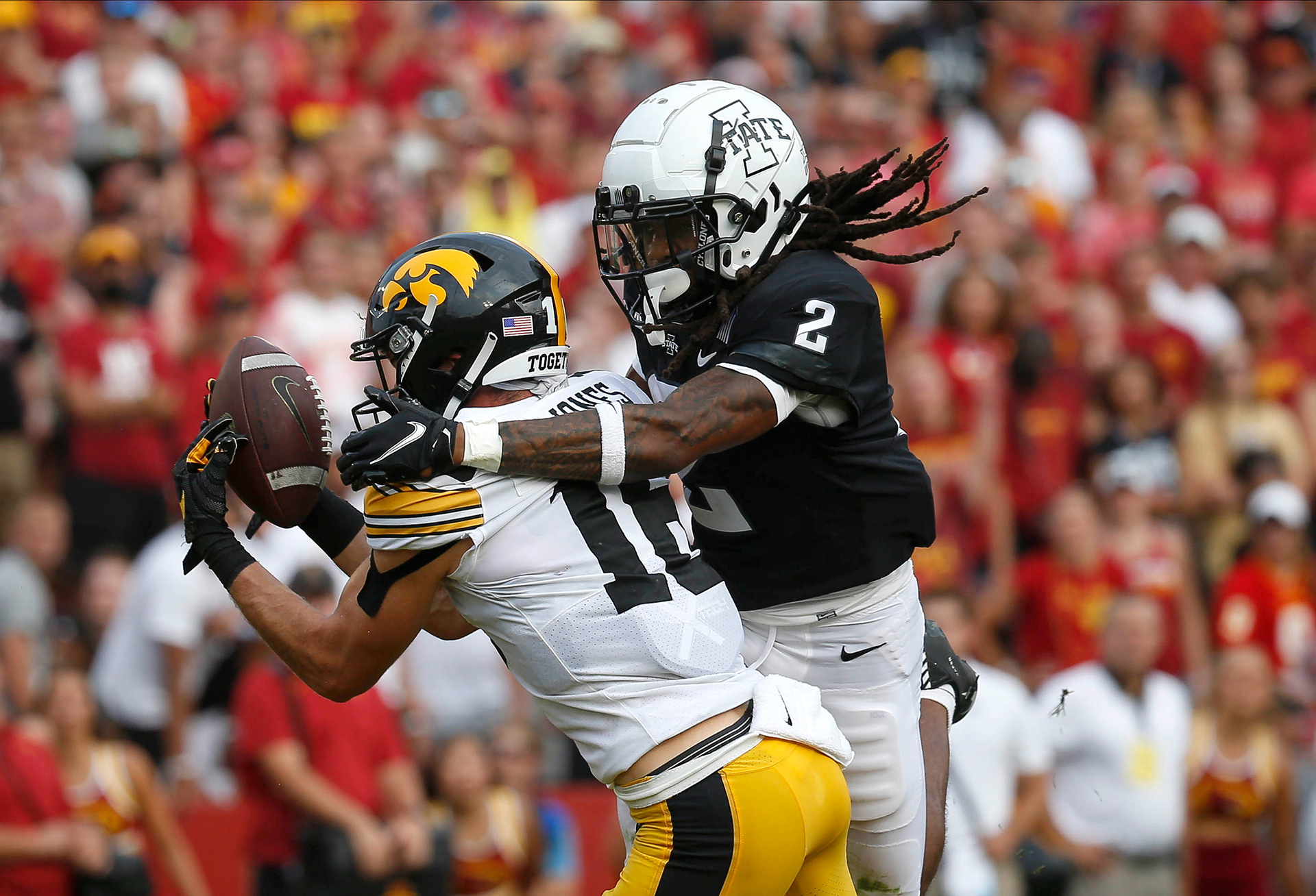 Iowa senior receiver Charlie Jones pulls down a reception in the end zone for a touchdown in the second quarter against Iowa State at Jack Trice Stadium in Ames on Saturday, Sept. 11, 2021.
