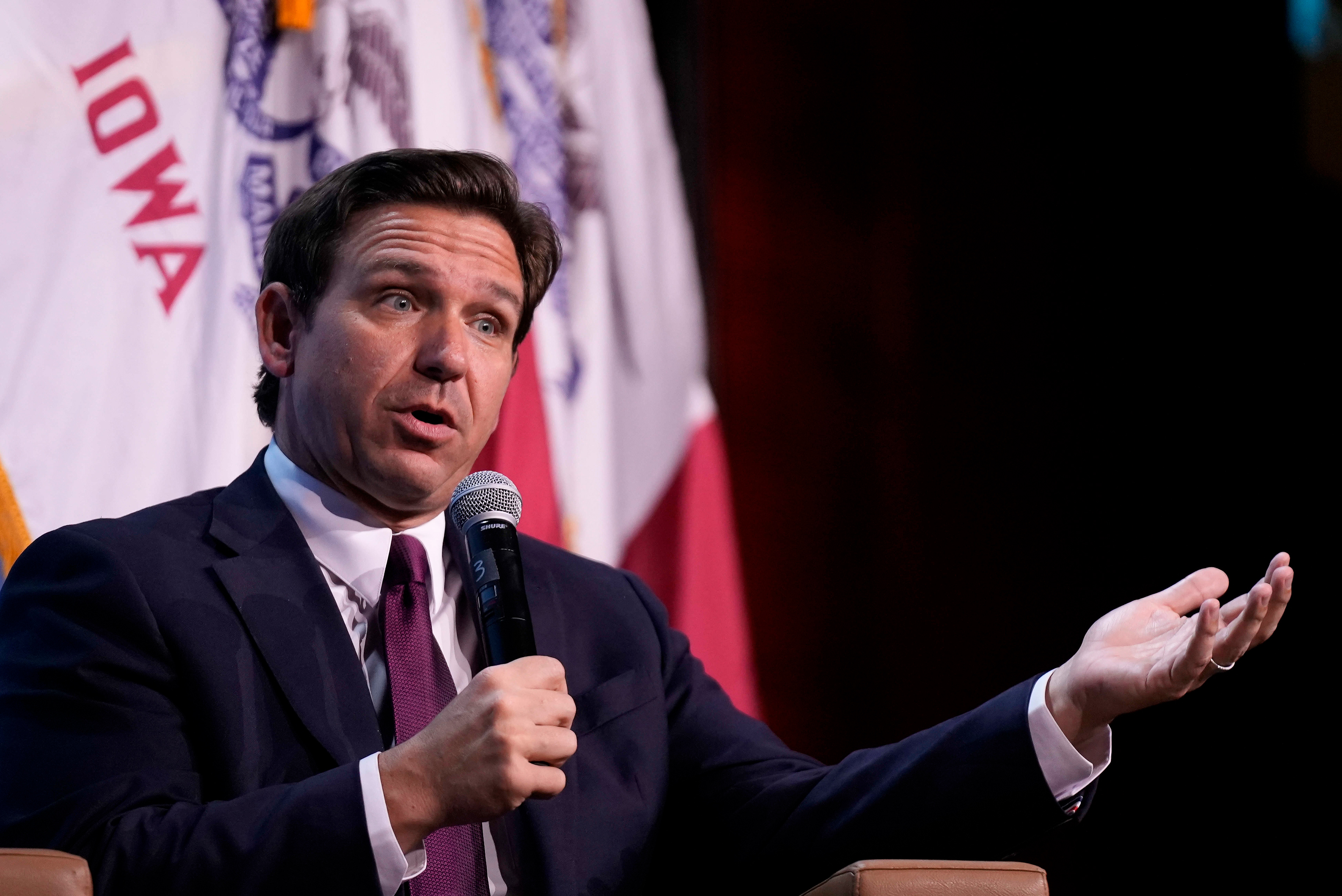 Republican presidential candidate Florida Gov. Ron DeSantis speaks at the Iowa Faith & Freedom Coalition’s fall banquet, Saturday, Sept. 16, 2023, in Des Moines, Iowa. (AP Photo/Bryon Houlgrave)