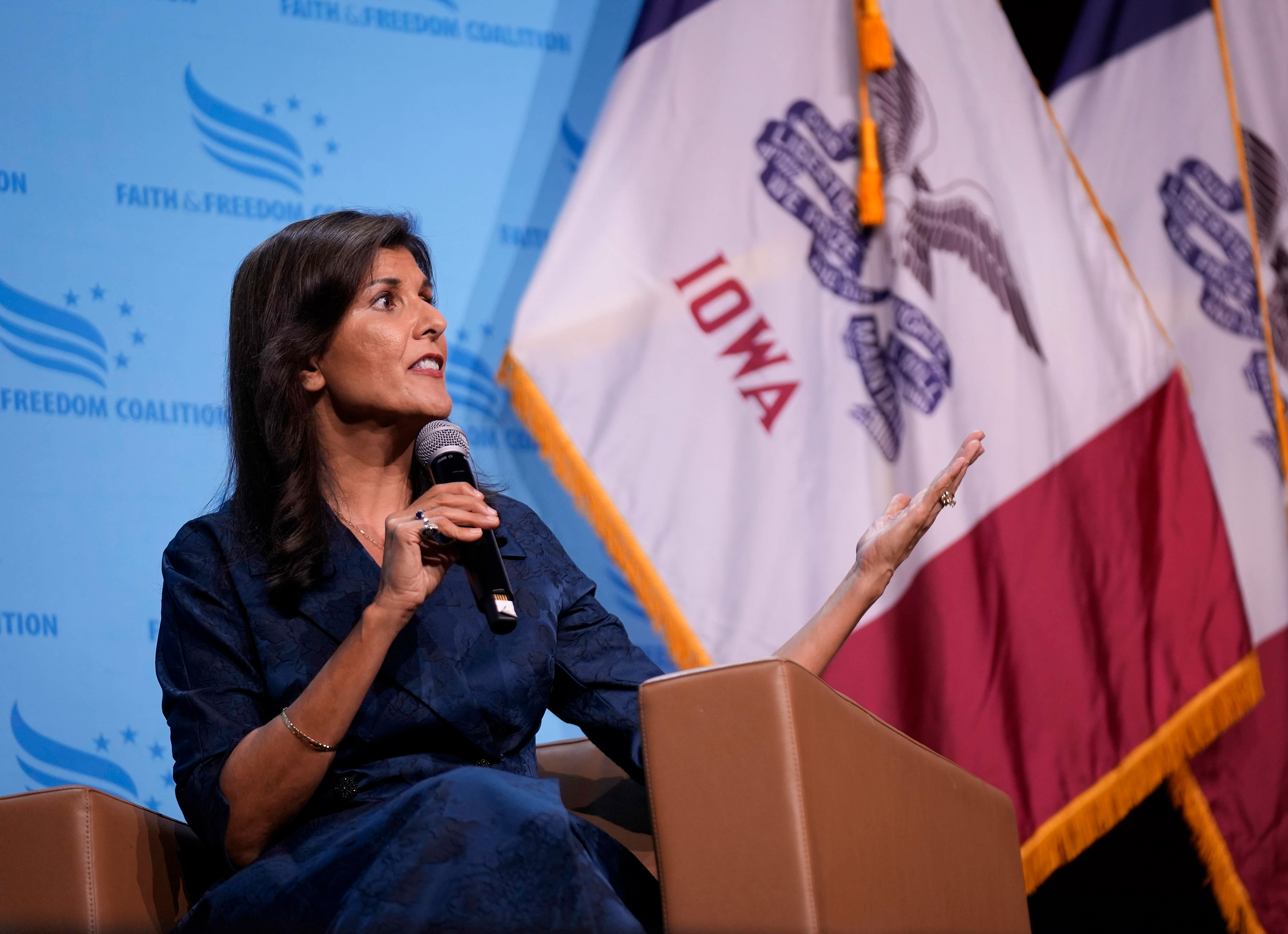 Republican presidential candidate former U.N. Ambassador Nikki Haley speaks at the Iowa Faith & Freedom Coalition’s fall banquet, Saturday, Sept. 16, 2023, in Des Moines, Iowa. (AP Photo/Bryon Houlgrave)