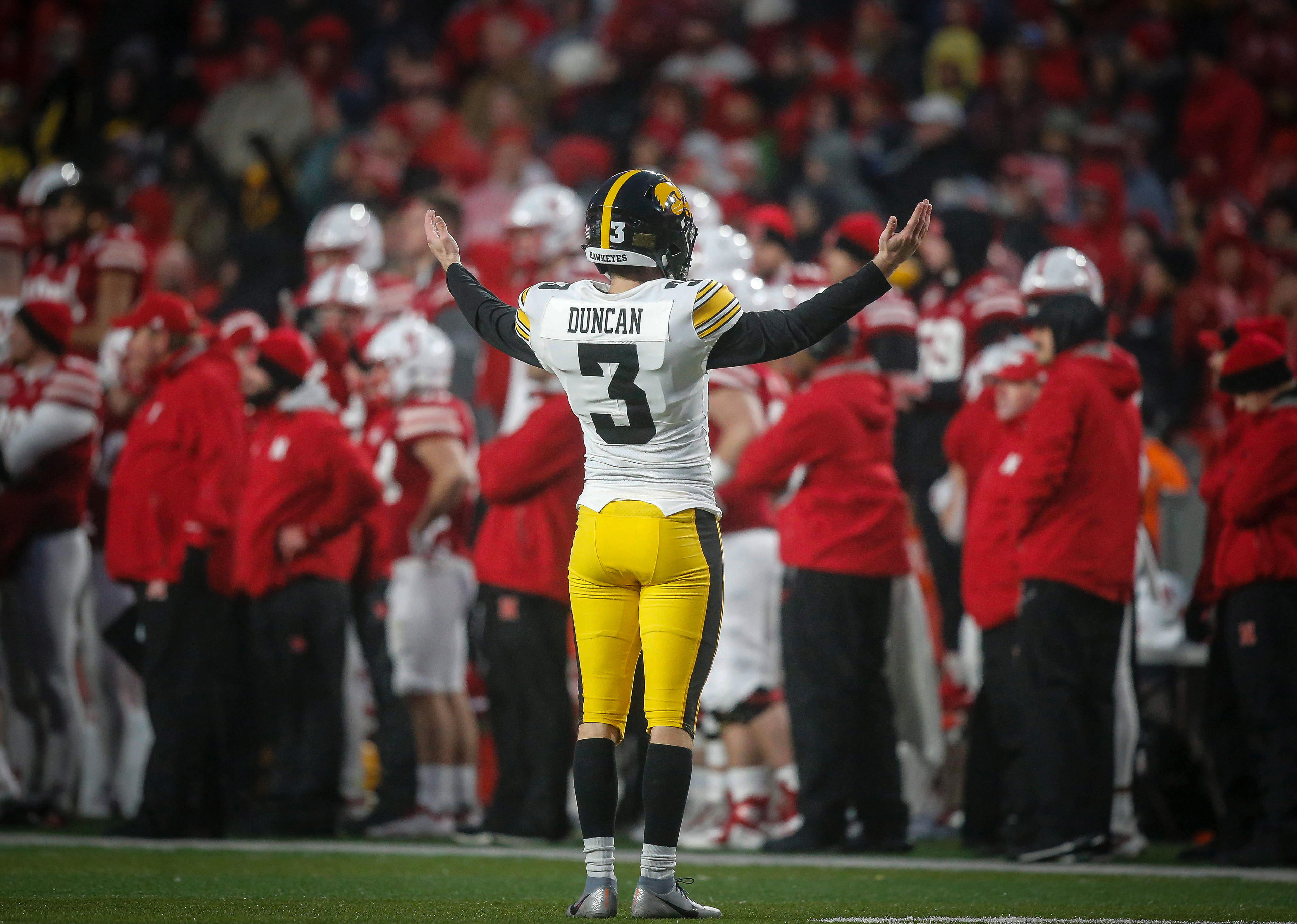 Iowa junior place kicker Keith Duncan blows kisses to the Nebraska sideline after striking a field goal in the final seconds to lead the Hawkeyes to a win over the Cornhuskers on Friday, Nov. 29, 2019, at Memorial Stadium in Lincoln, Neb.