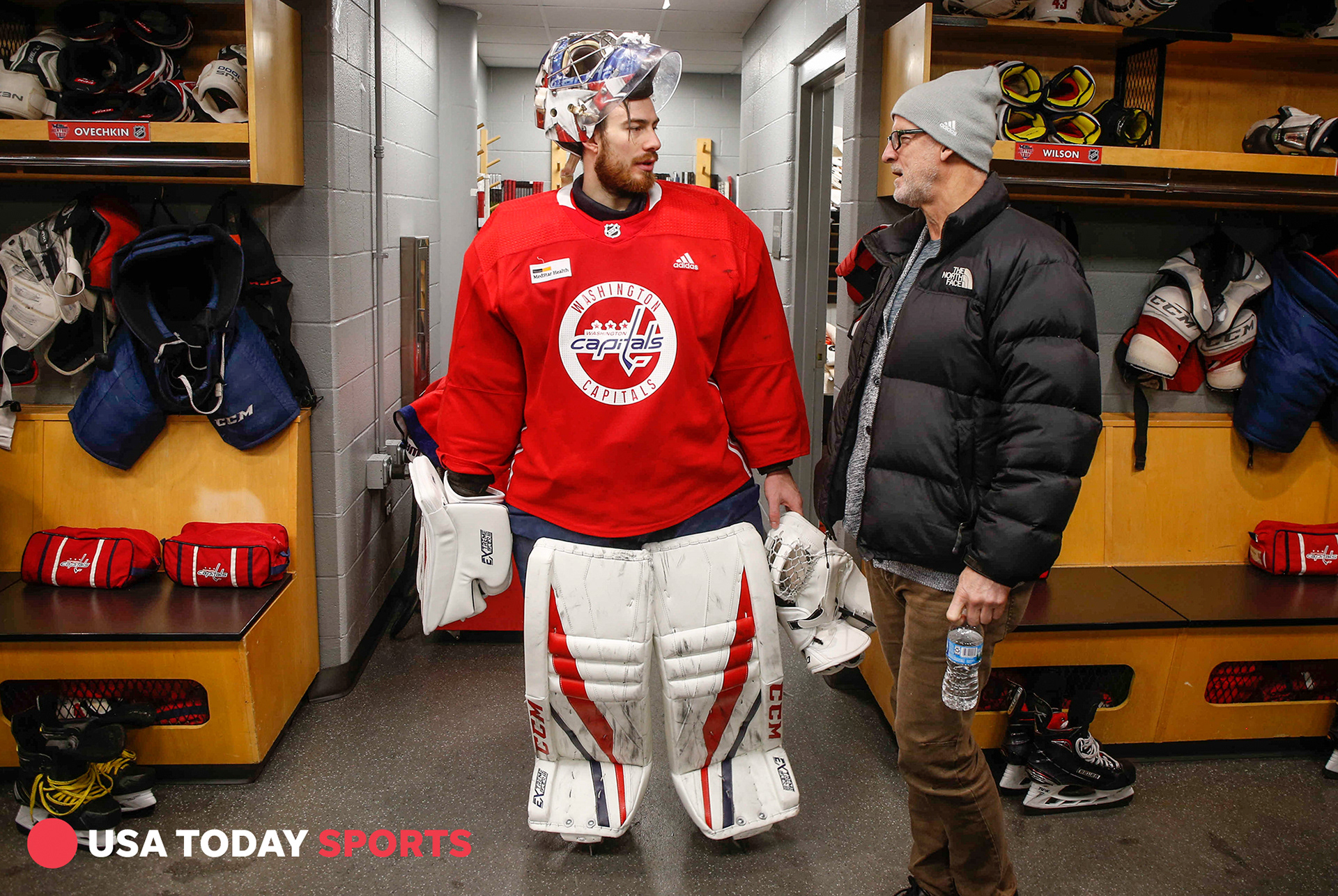 Washington Capitals goalie Braden Holtby gets ready for warmups prior to face-off against Chicago.
