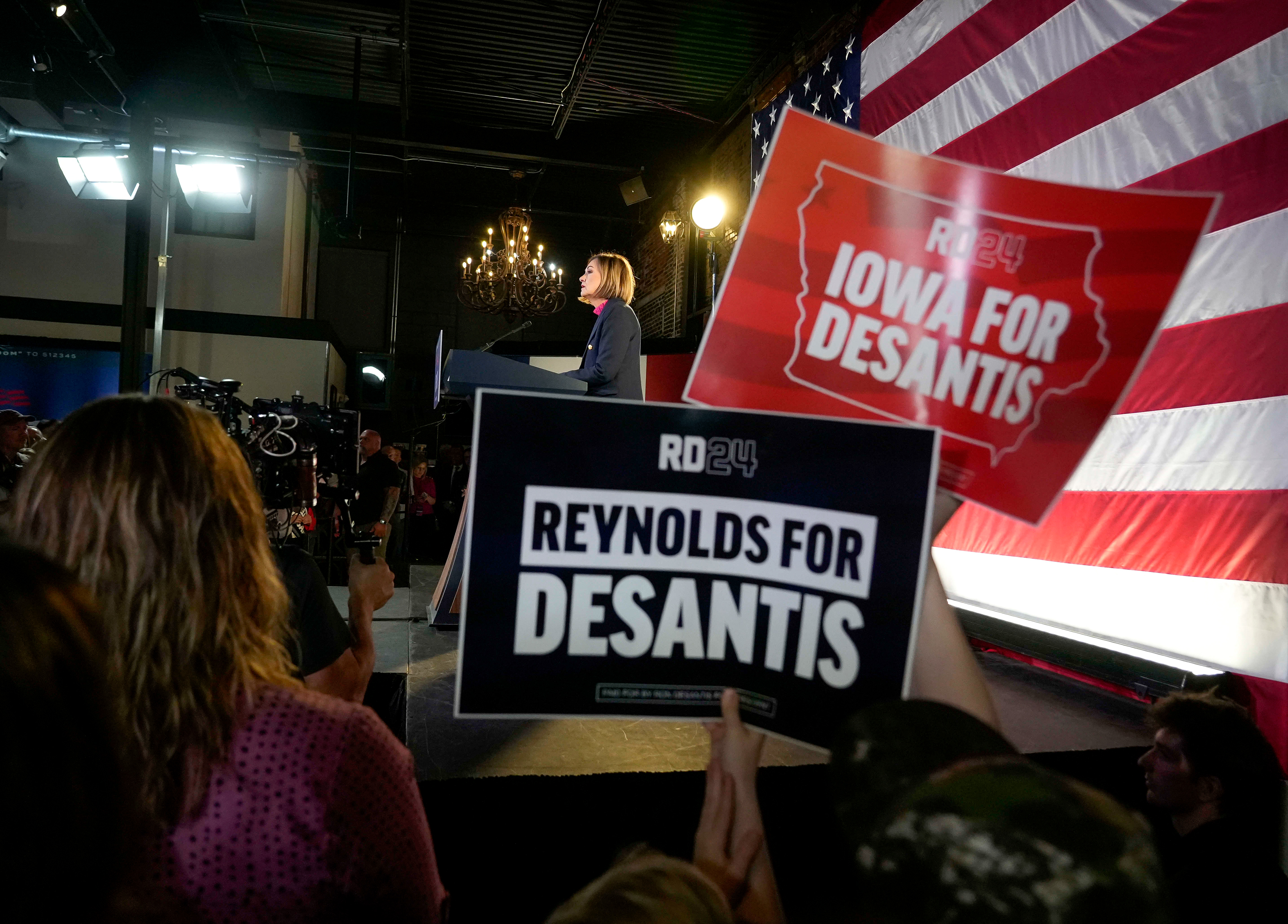 Iowa Gov. Kim Reynolds speaks during a rally with presidential candidate Florida Gov. Ron DeSantis, Monday, Nov. 6, 2023, in Des Moines, Iowa.