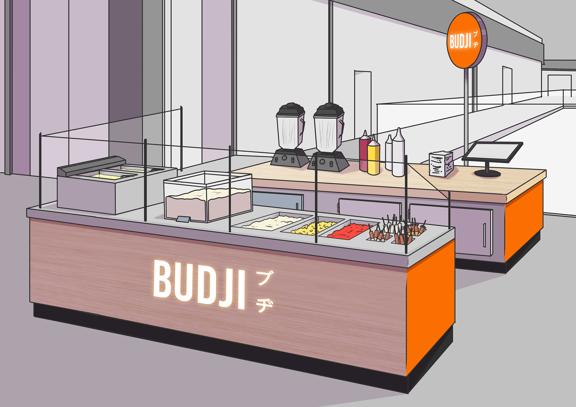 croquis d'un espace ouvert pour BUDJI en centre commercial