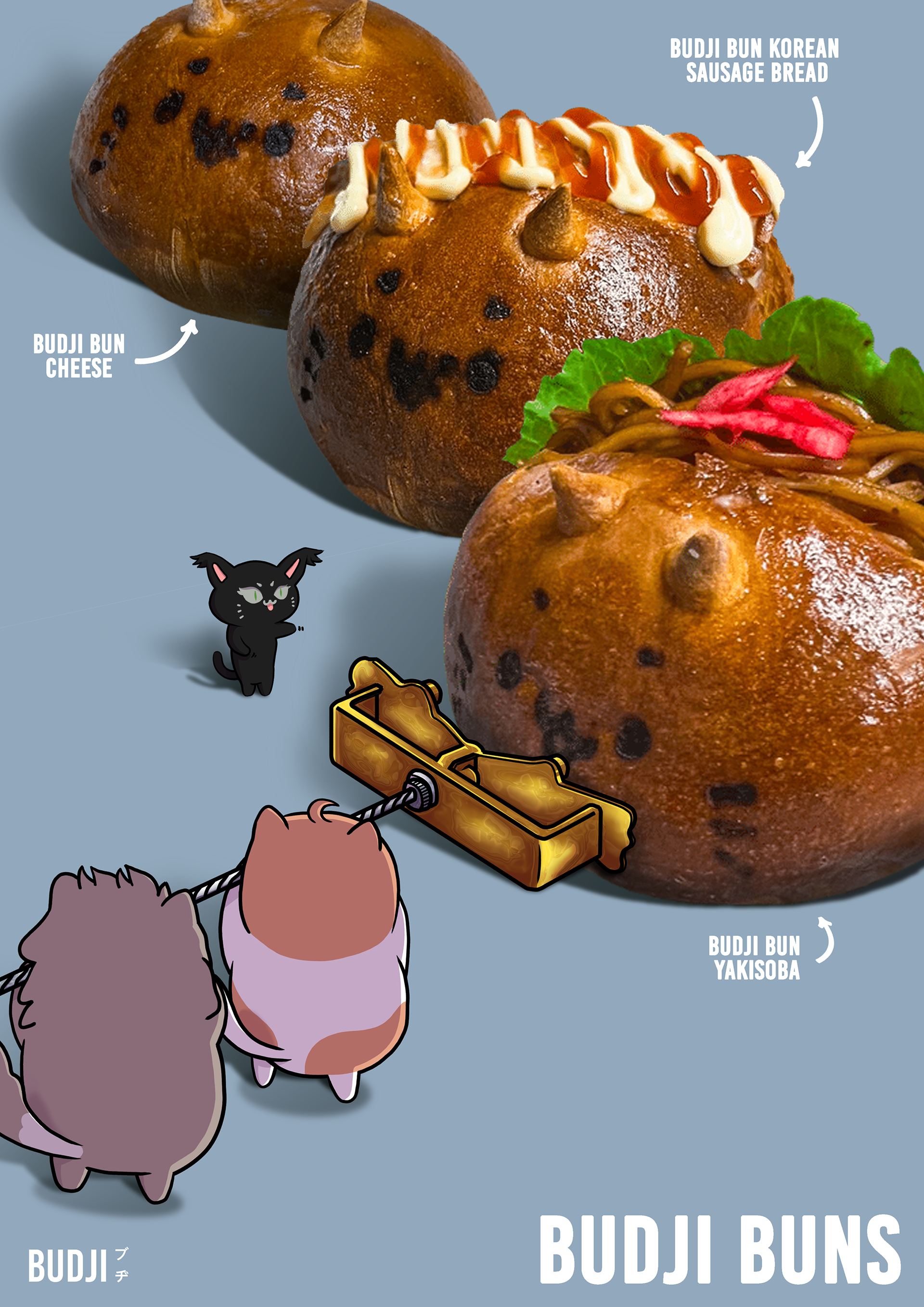Affiche pour les BUDJI Buns accompagnés du trio de mascottes