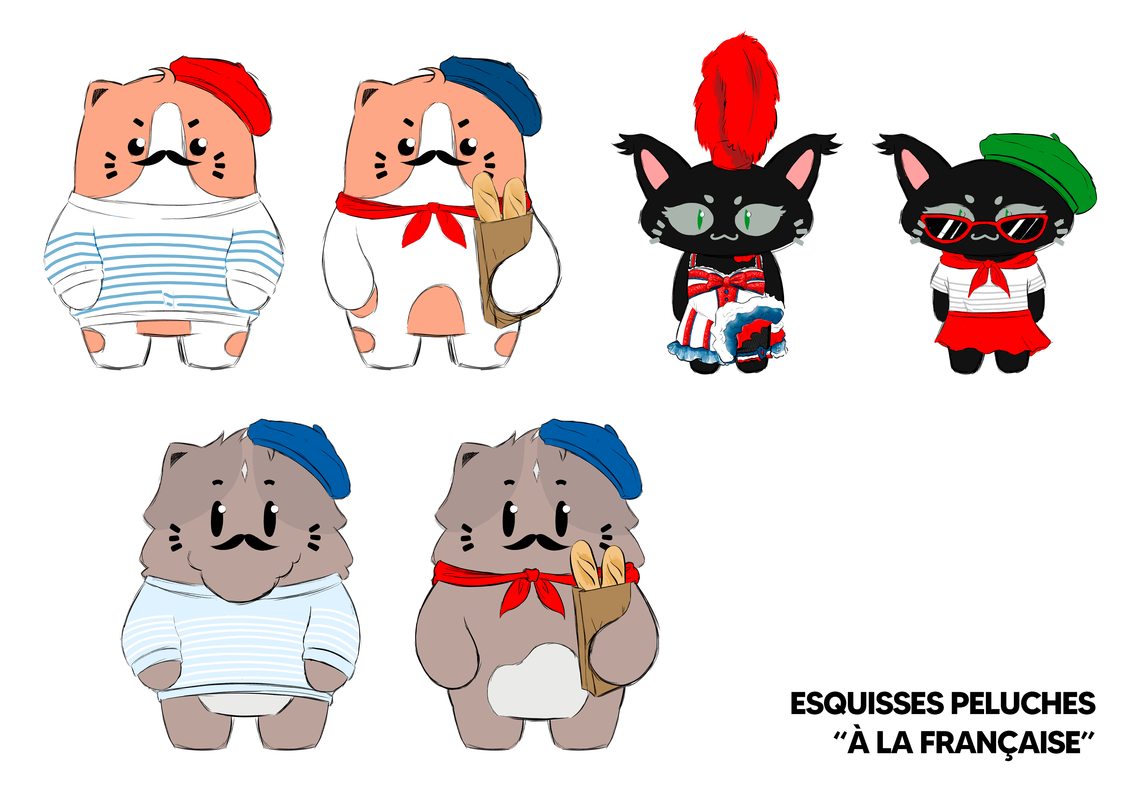 croquis des mascottes pour nouvelles peluches