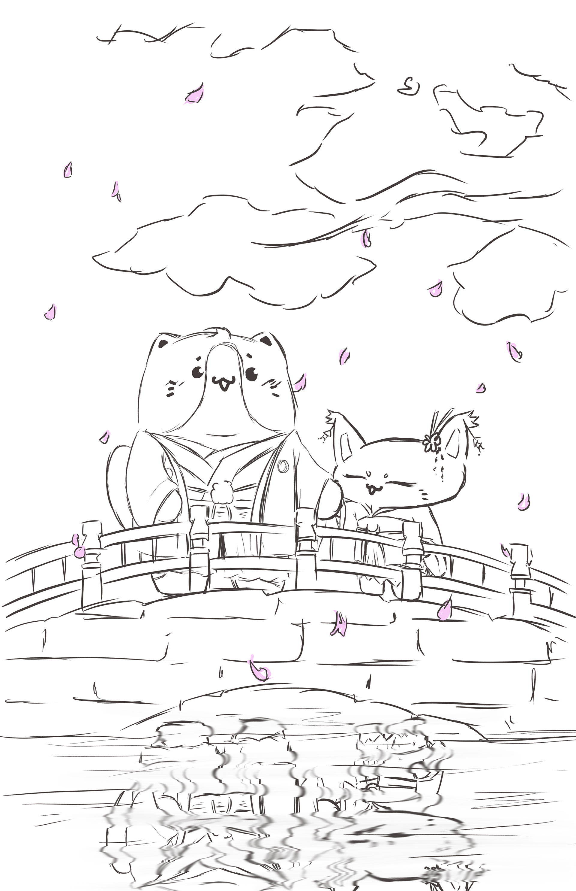 esquisse de BUDJI et KIKIGUYA sur un pont, tel une scène de drama asiatique avec les pétales au vent