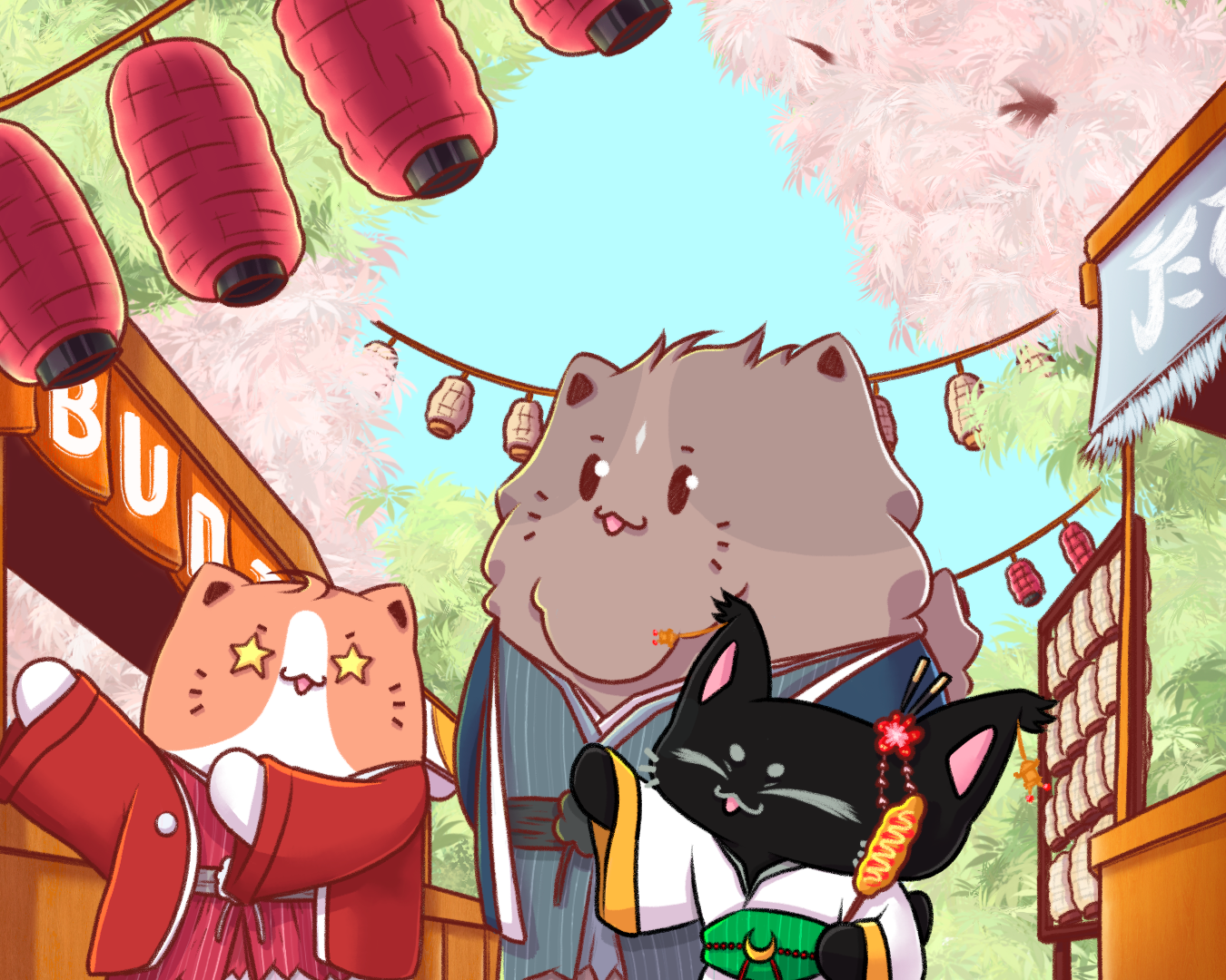 illustration du trio de mascottes dans un japanese market pour célébrer Hanami