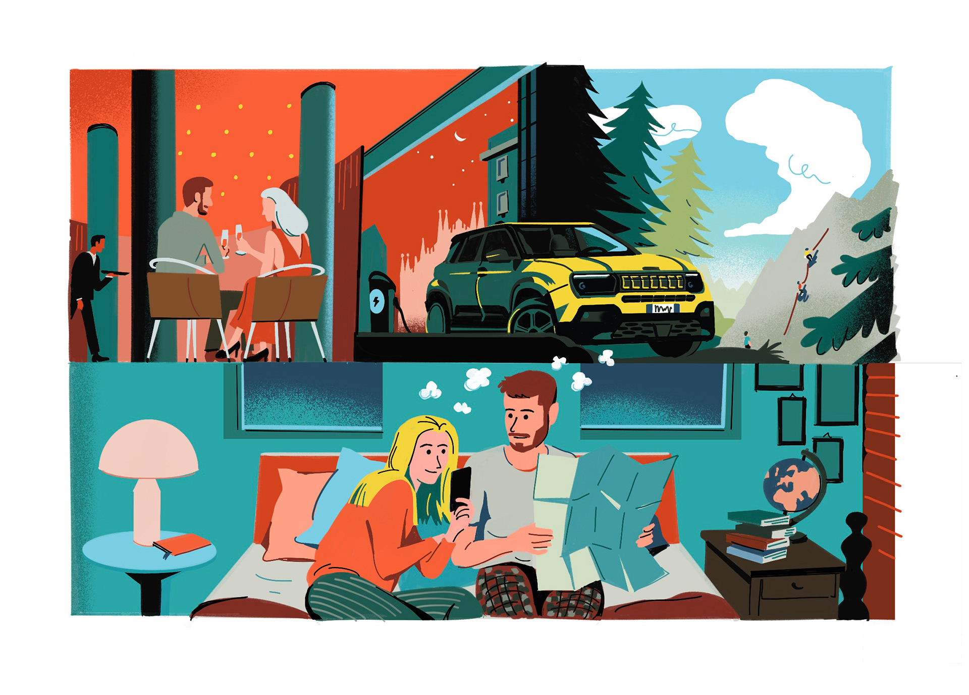 A young couple sits in bed while dreaming about their future Jeep Avenger, they dream of travelling through the city of Milan, passing forests and mountains to discover the great outdoors together.